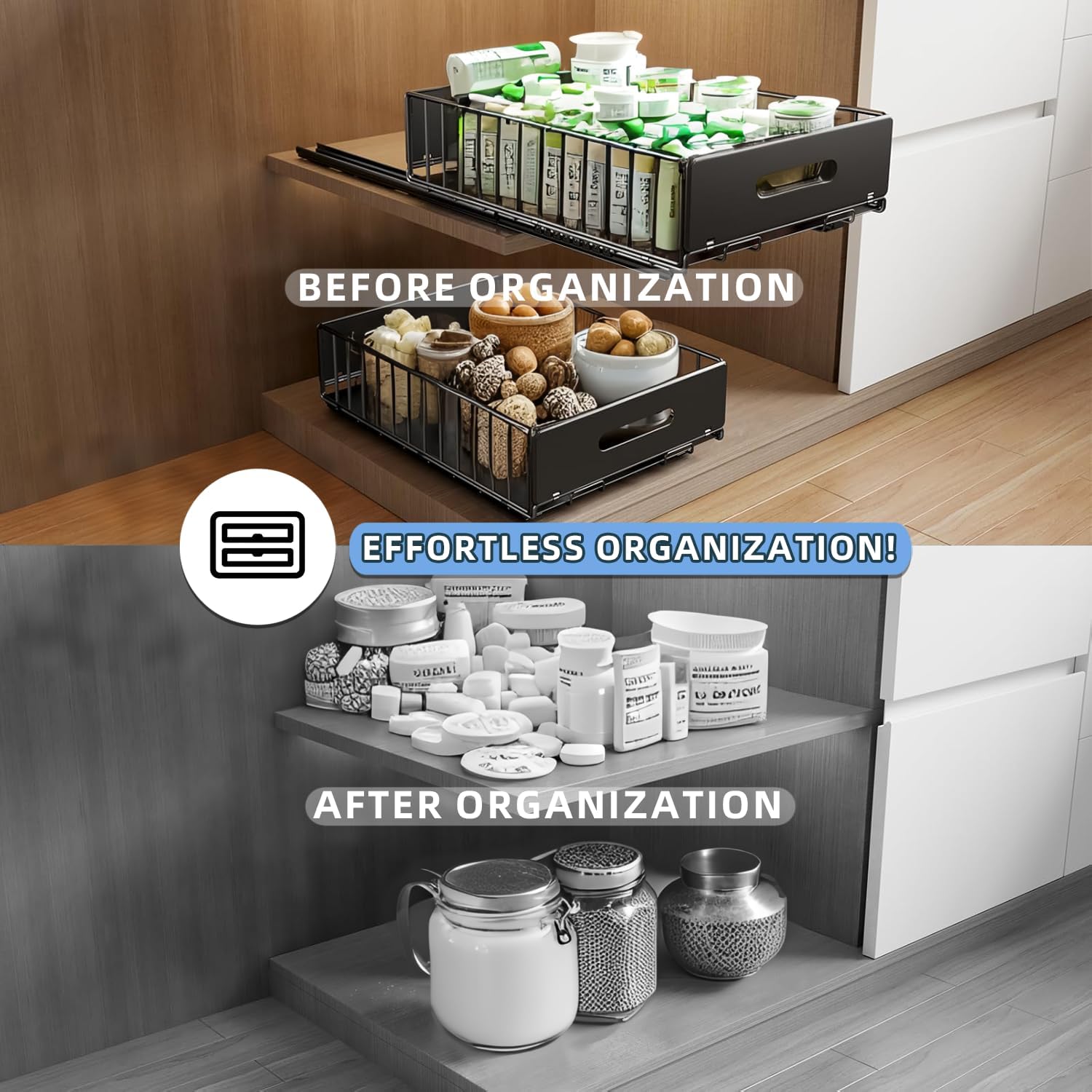 CARLA HOME 2 Pack Pullout Cabinet Kitchen Organizer Drawers with No-Drilling and Adhesive Design for Pantry & Cabinets