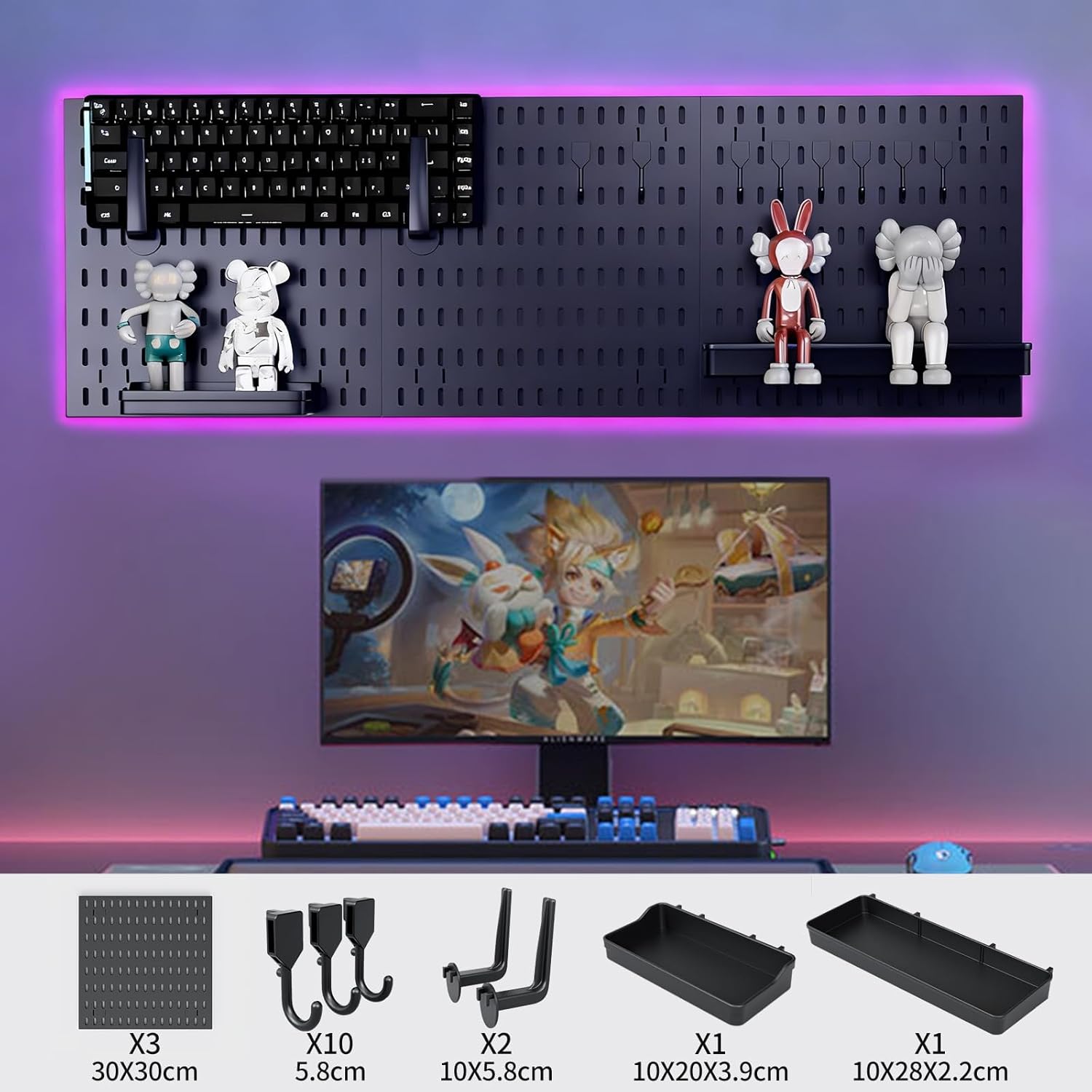 CARLA HOME Pegboard Wall Organizer Kit with 3 Modular Black Panels & 17 Accessories for Gaming, Office & Craft Storage