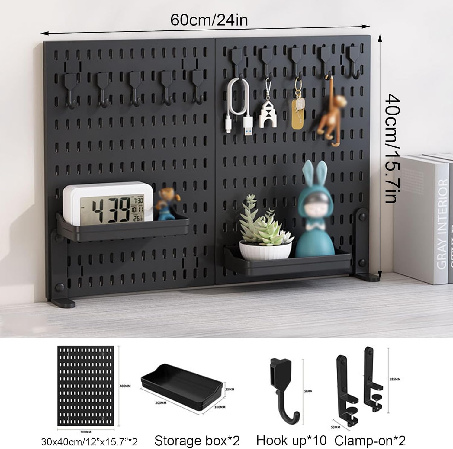 CARLA HOME 2 Pack Desk Pegboard Organizer Kit with Hooks, Tray & Mount Ideal for Office, Gaming Setup & Home Workspace Organization (Black)