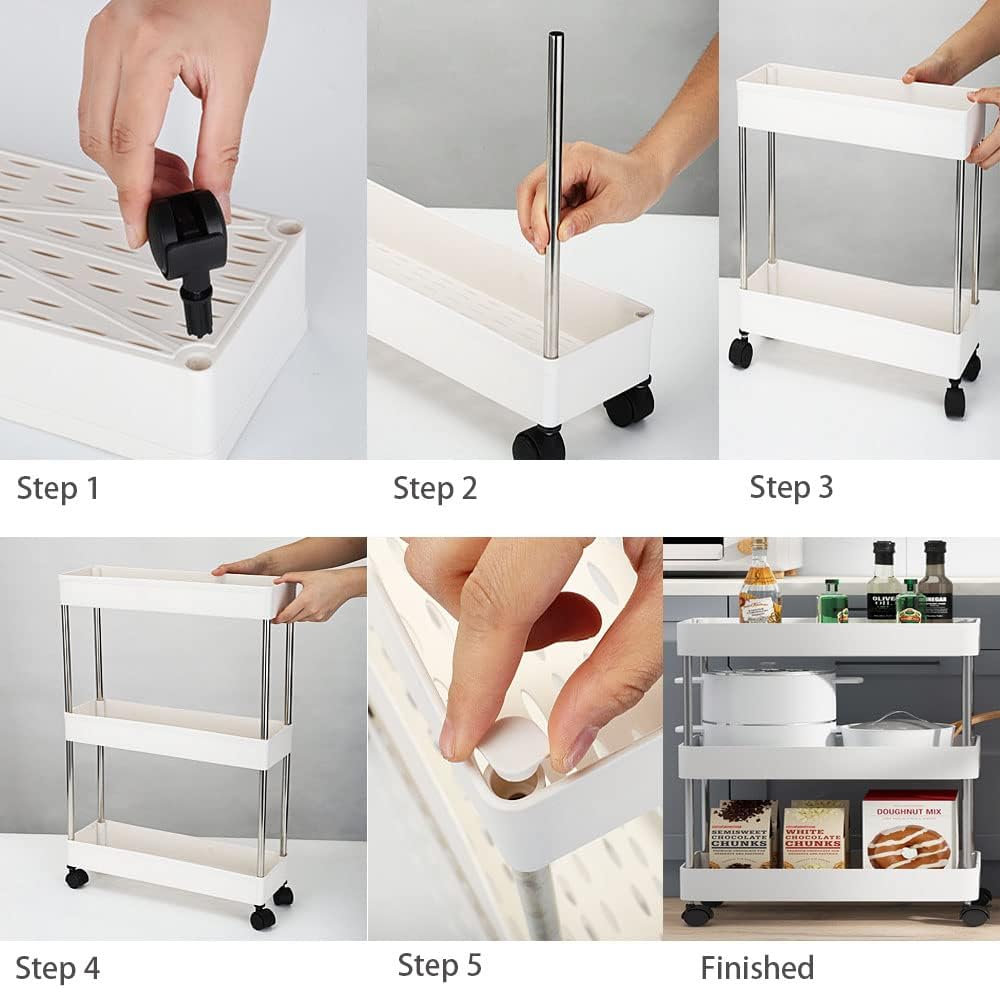CARLA HOME Slim Storage Cart Organizer Trolley with Wheels for Kitchen, Bathroom, Laundry & Narrow Spaces (3 tier)