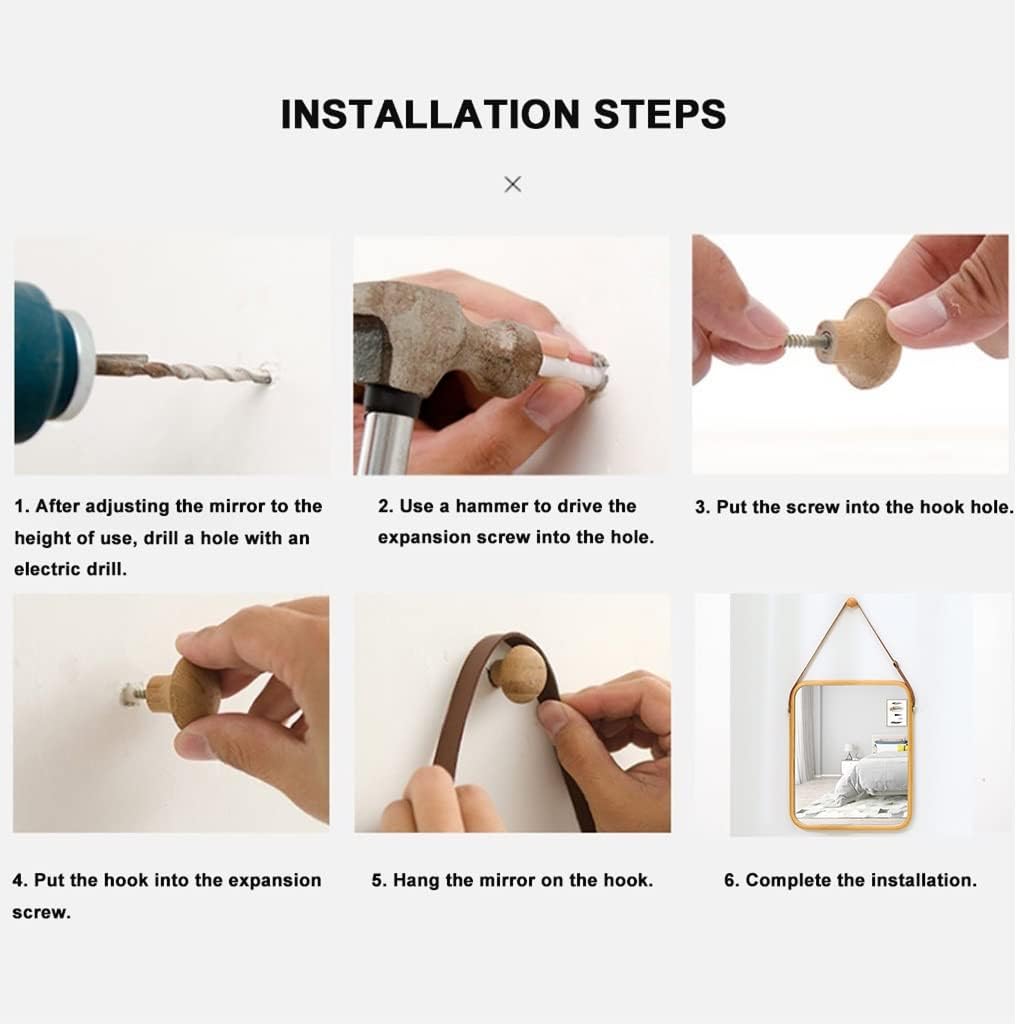 CARLA HOME Hanging Wall Mirror with Bamboo Frame with Adjustable Leather Strap for Bathroom, Bedroom, Vanity or Entryway (40x33 cm)