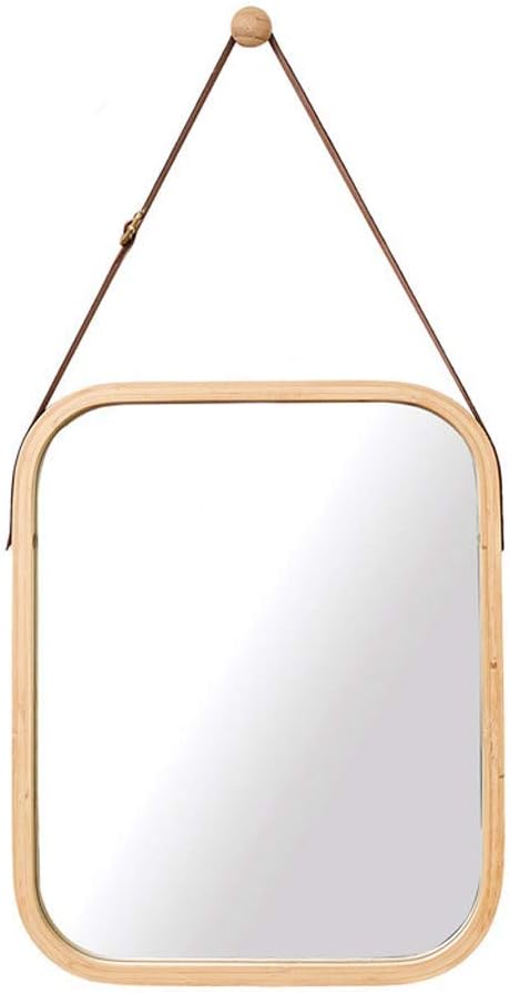 CARLA HOME Hanging Wall Mirror with Bamboo Frame with Adjustable Leather Strap for Bathroom, Bedroom, Vanity or Entryway (40x33 cm)