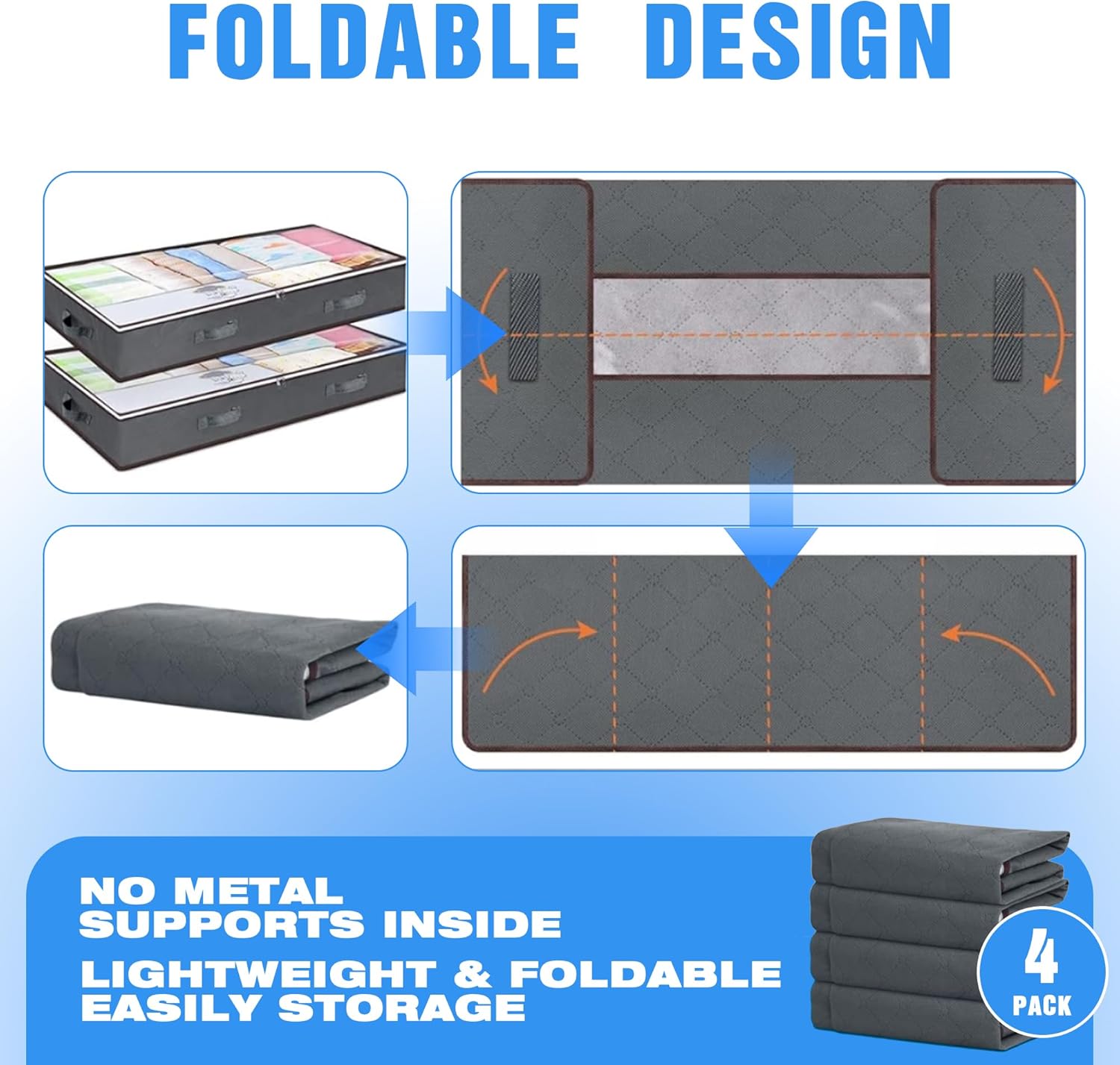 CARLA HOME 4 Pack Underbed Storage Bins with 90L Large Capacity Storage Containers for Comforters, Linen, Pillows, Toys, Towels, Blankets