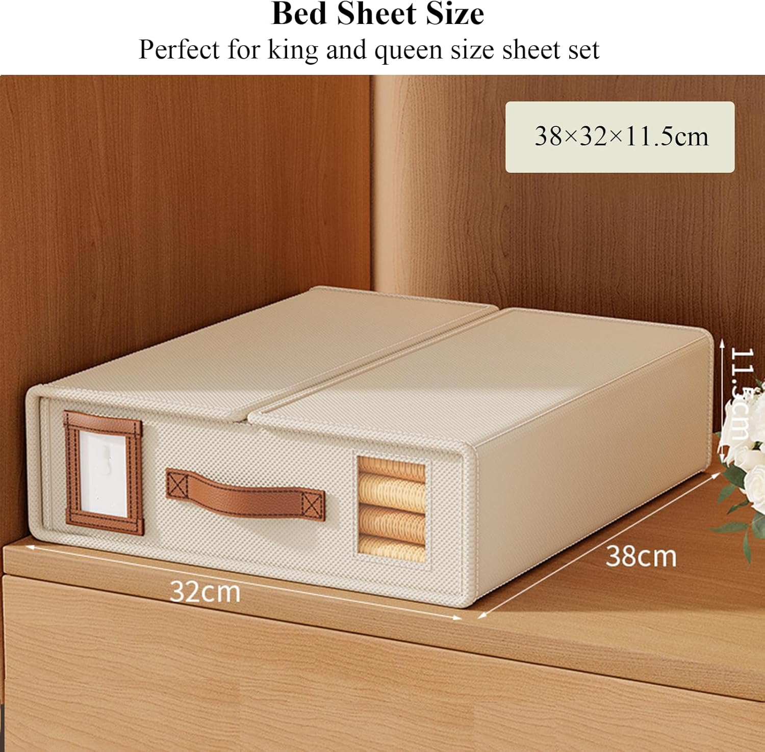 CARLA HOME Bed Sheet Organizer Set of 4 with Handle & Window for Covers, Pillowcases, Blankets, Clothes & Sheets (Beige)