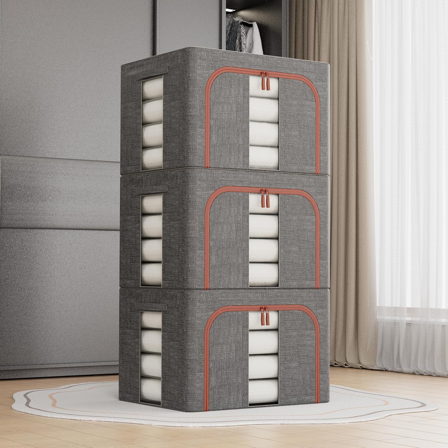 CARLA HOME 3 pack Large Clothes Storage Bins with Lids for Clothing, Bedding, Blankets, Toys (66L capacity - Grey)