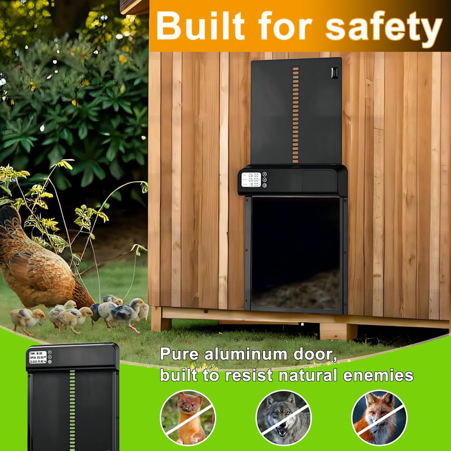 CARLA HOME Automatic Chicken Coop Door with Timer & LCD Screen, Anti-Pinch Safety, Easy Battery Operation & Weatherproof for Outdoor Coops