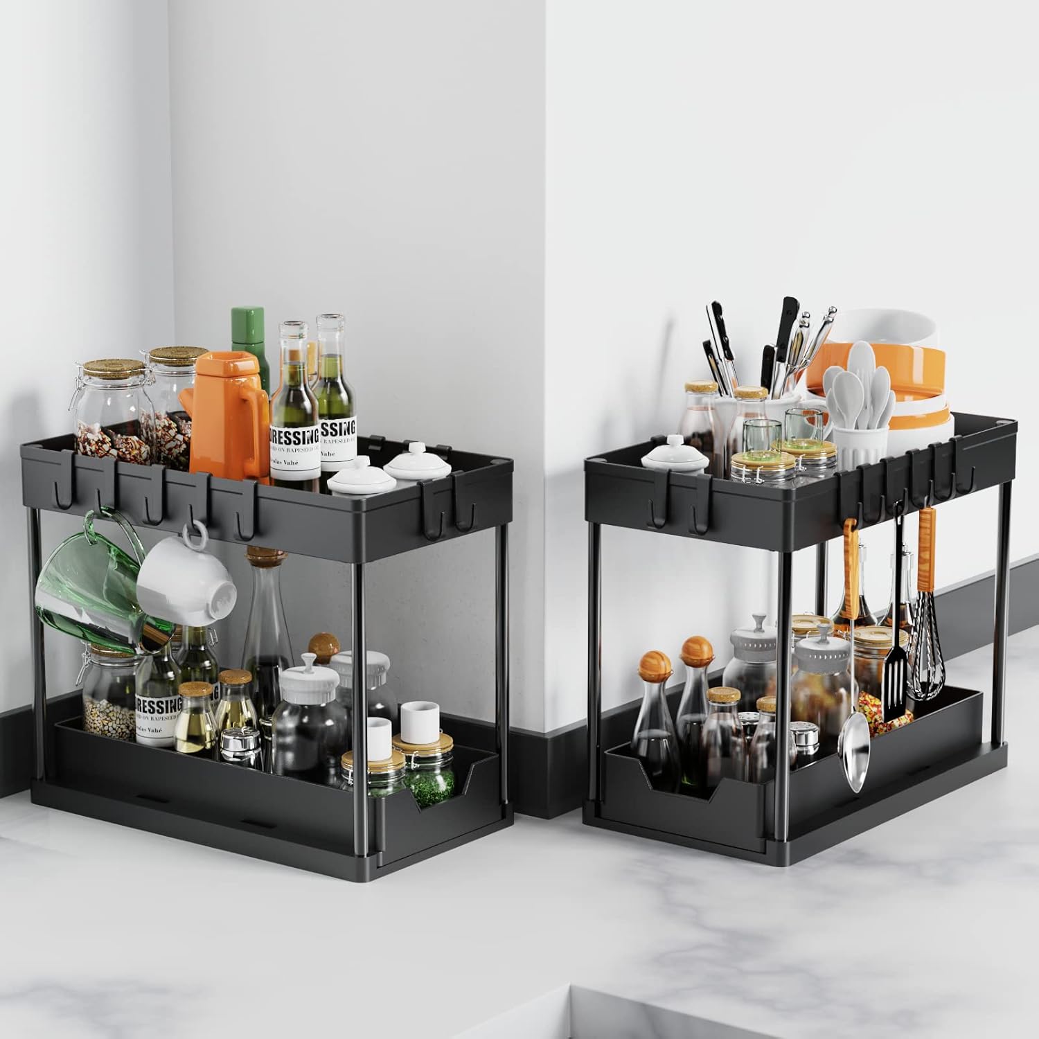 CARLA HOME 2 Pack Under Sink Organizer with Pull-Out Basket and Hooks for Bathroom & Kitchen