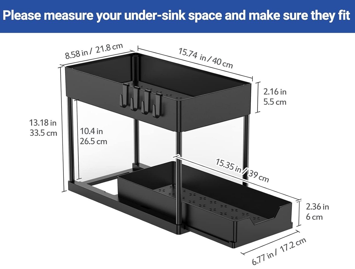 CARLA HOME 2 Pack Under Sink Organizer with Pull-Out Basket and Hooks for Bathroom & Kitchen