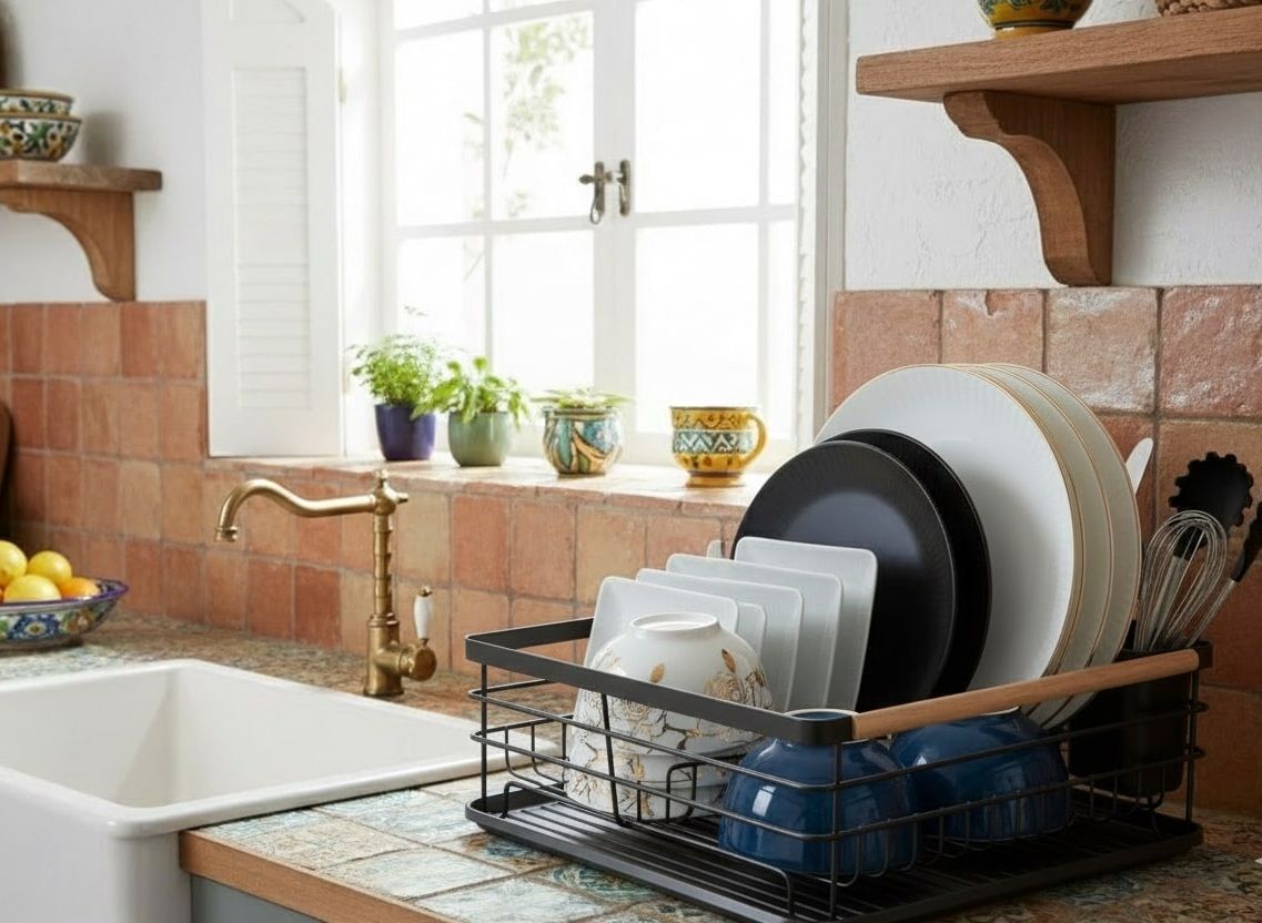 CARLA HOME Dish Drying Rack with Wooden Handles, Removable Cutlery Holder & Drainboard for Kitchen Countertop