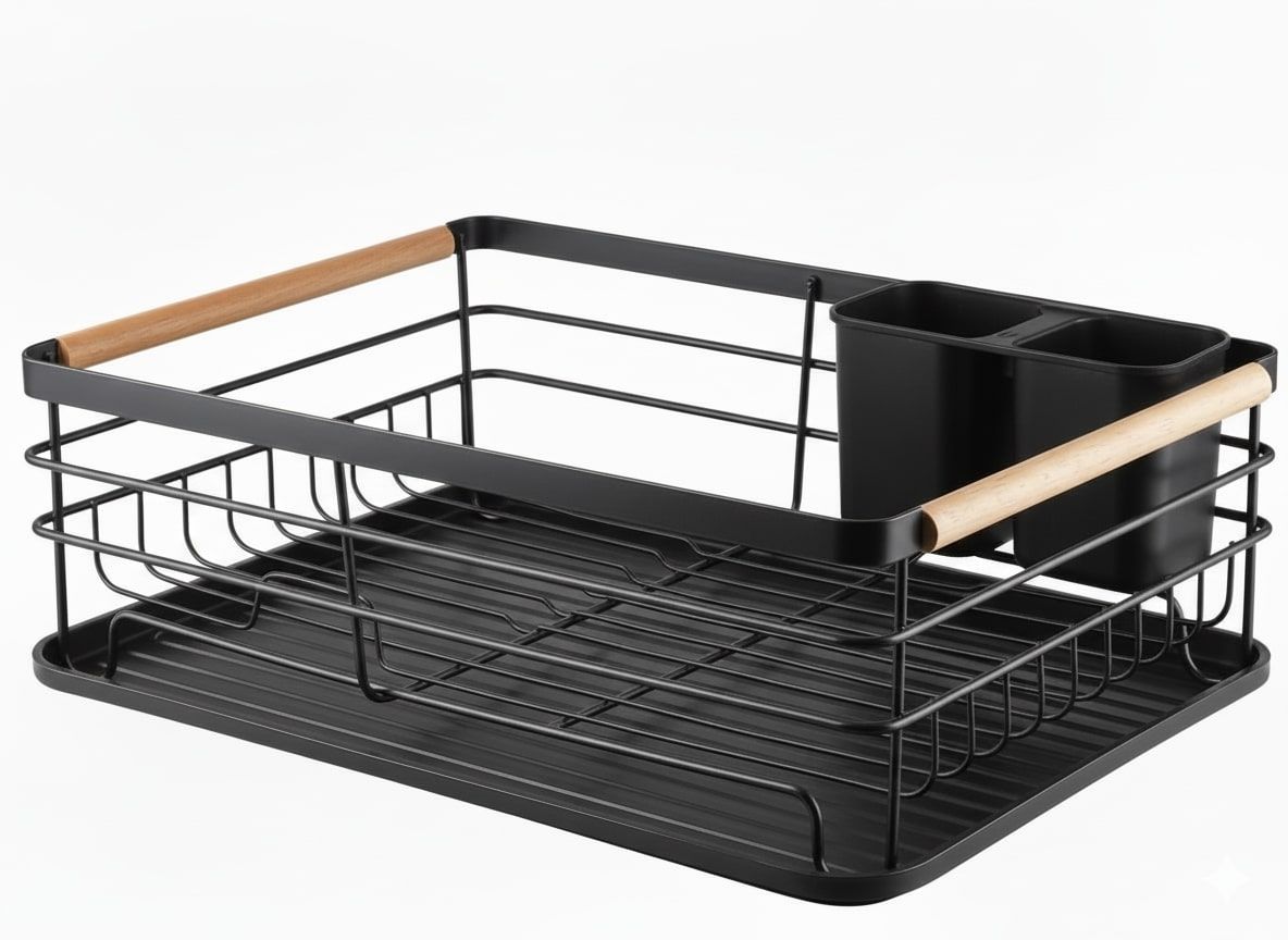 CARLA HOME Dish Drying Rack with Wooden Handles, Removable Cutlery Holder & Drainboard for Kitchen Countertop