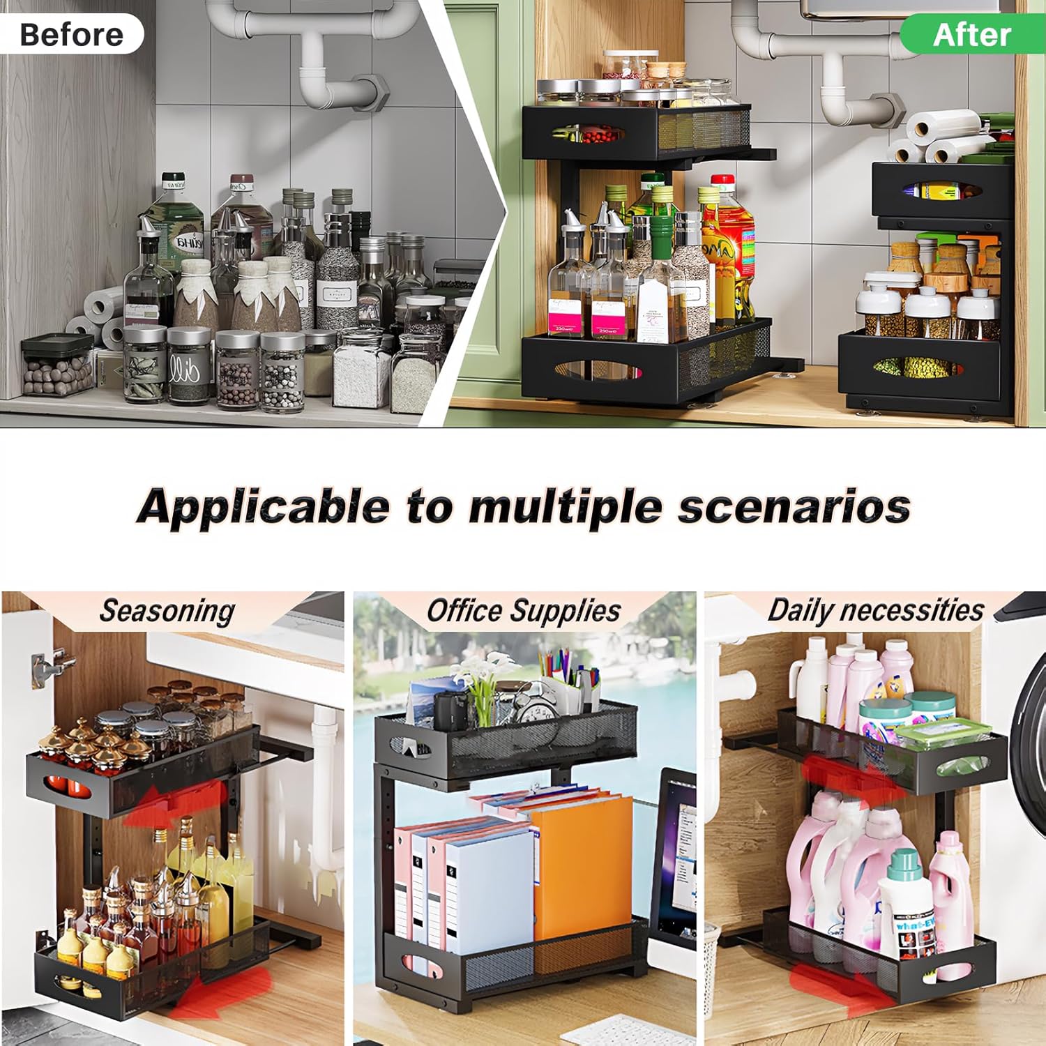 CARLA HOME 2 Pack Under Sink Organizer Pull Out Sliding Cabinet Storage Shelf with Height Adjustable for Kitchen, Bathroom or Laundry Room (Black)