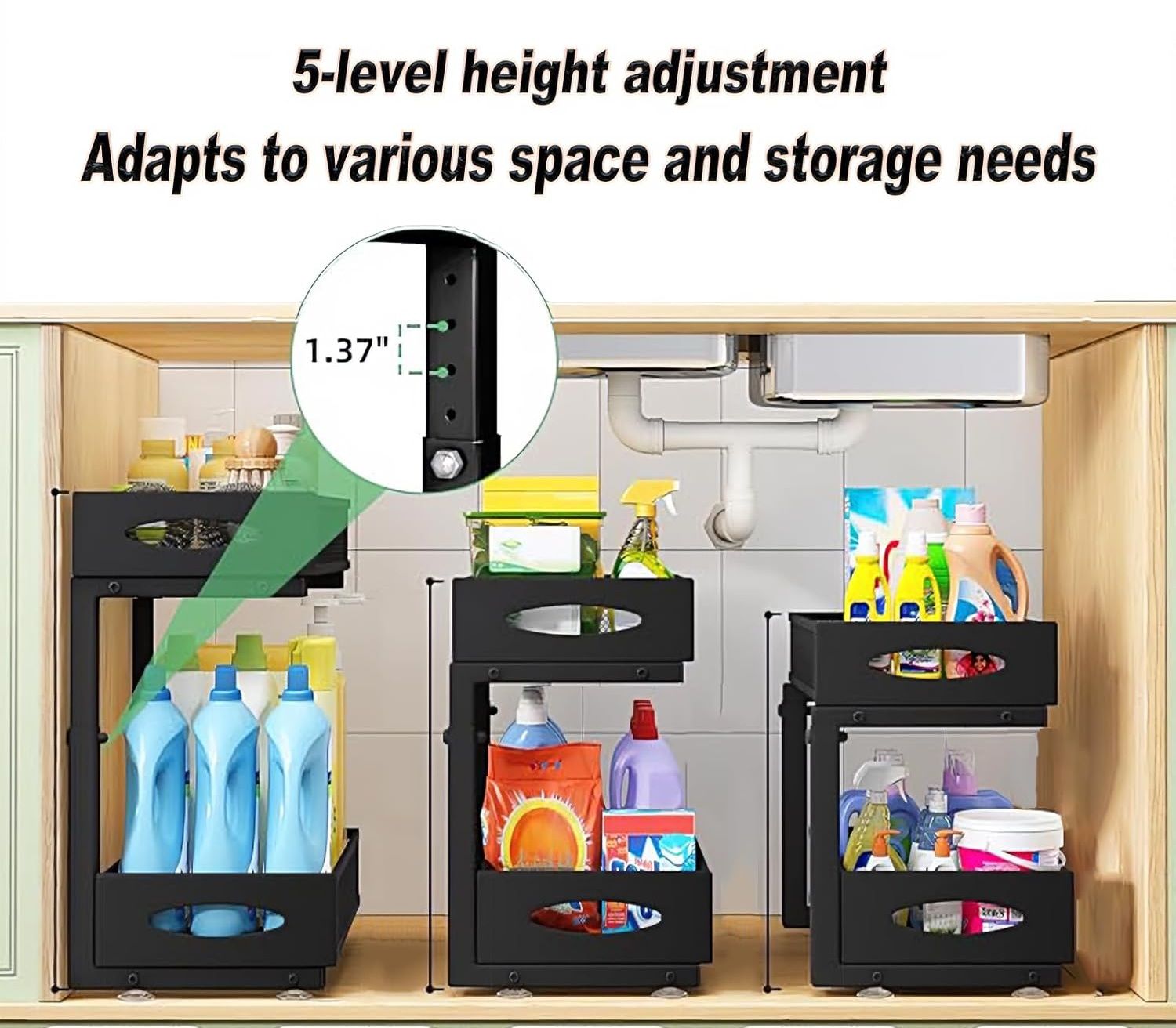 CARLA HOME 2 Pack Under Sink Organizer Pull Out Sliding Cabinet Storage Shelf with Height Adjustable for Kitchen, Bathroom or Laundry Room (Black)