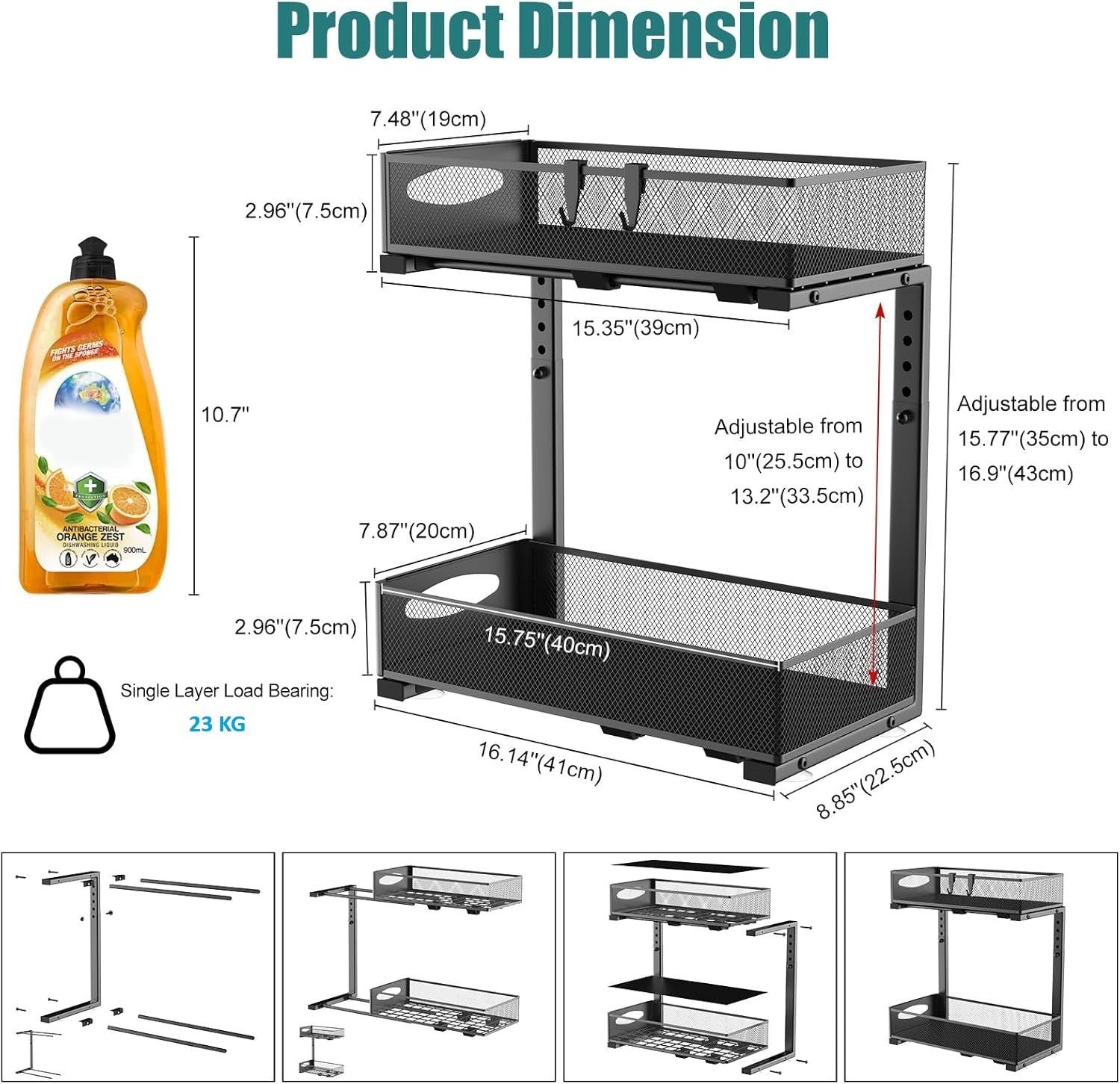 CARLA HOME 2 Pack Under Sink Organizer Pull Out Sliding Cabinet Storage Shelf with Height Adjustable for Kitchen, Bathroom or Laundry Room (Black)