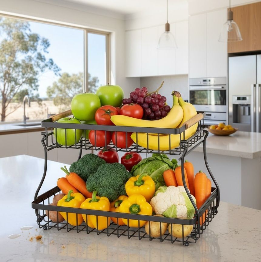 CARLA HOME 2-Tier Fruit Basket Metal Storage Bowl Kitchen Counter Organizer with Handles for Fruits, Vegetables, Snacks & Bread