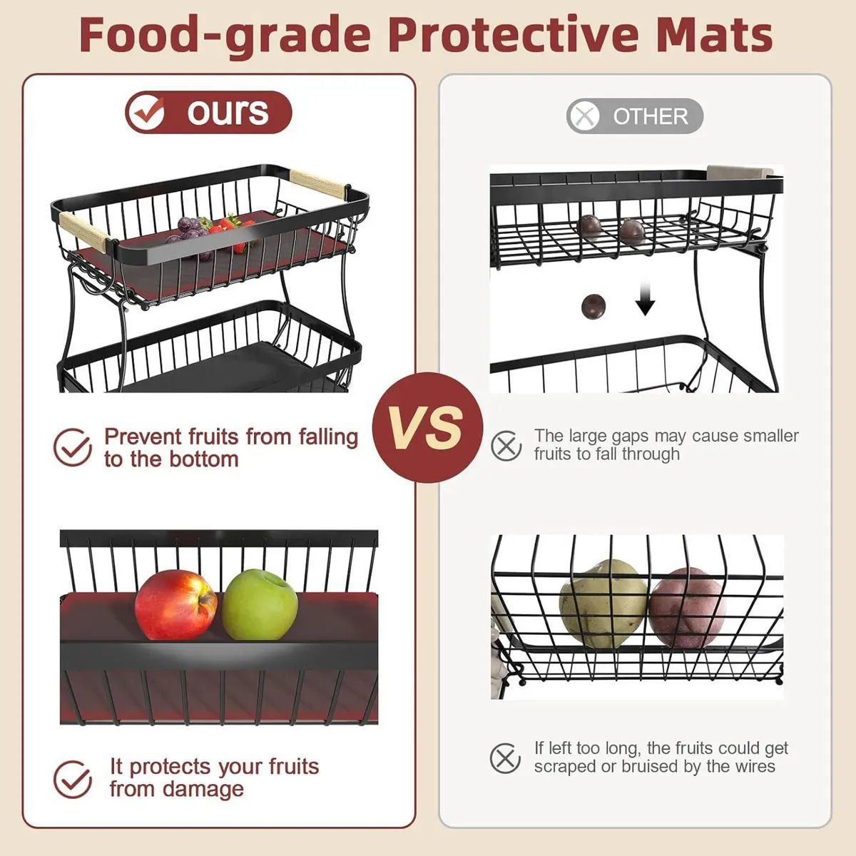 CARLA HOME 2-Tier Fruit Basket Metal Storage Bowl Kitchen Counter Organizer with Handles for Fruits, Vegetables, Snacks & Bread