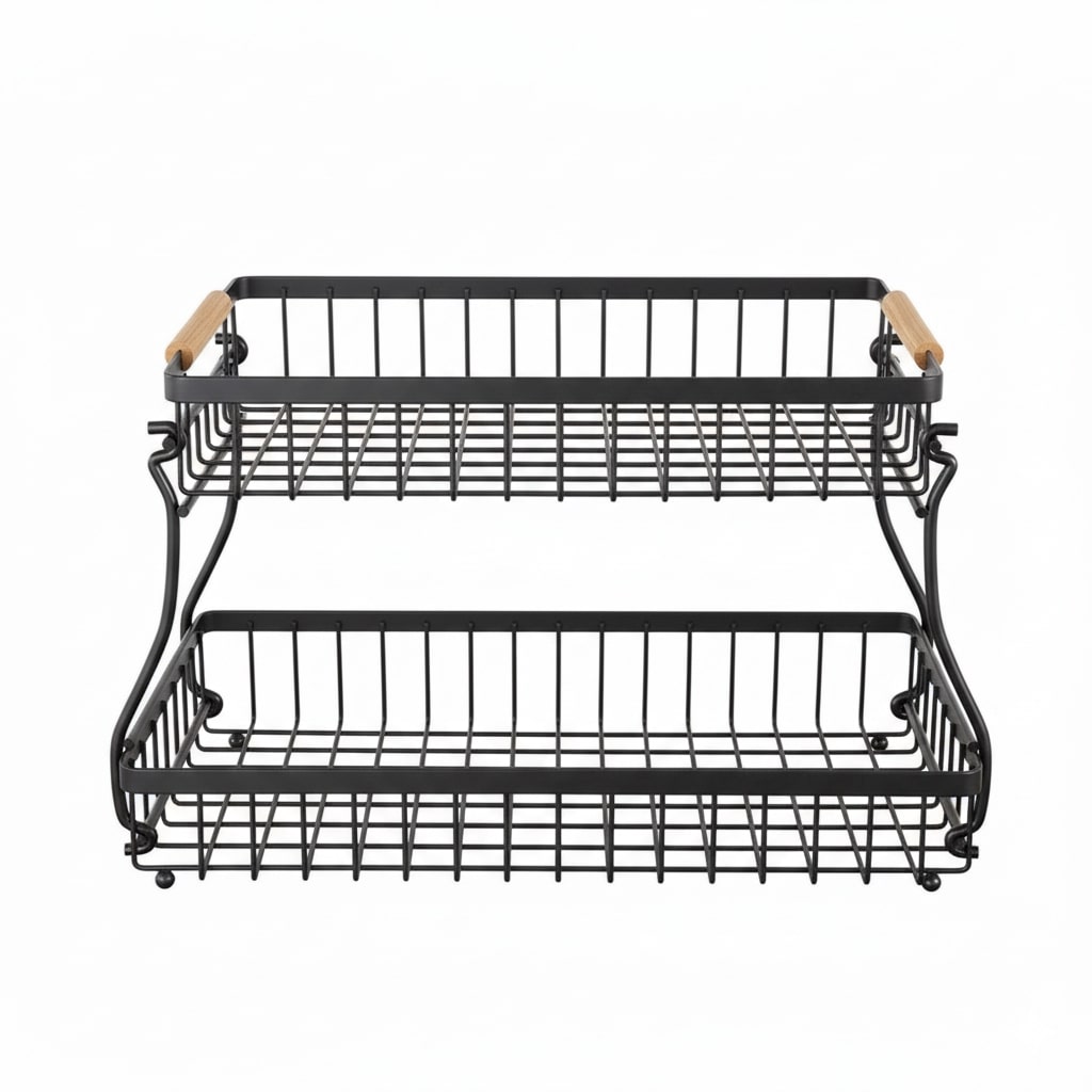 CARLA HOME 2-Tier Fruit Basket Metal Storage Bowl Kitchen Counter Organizer with Handles for Fruits, Vegetables, Snacks & Bread