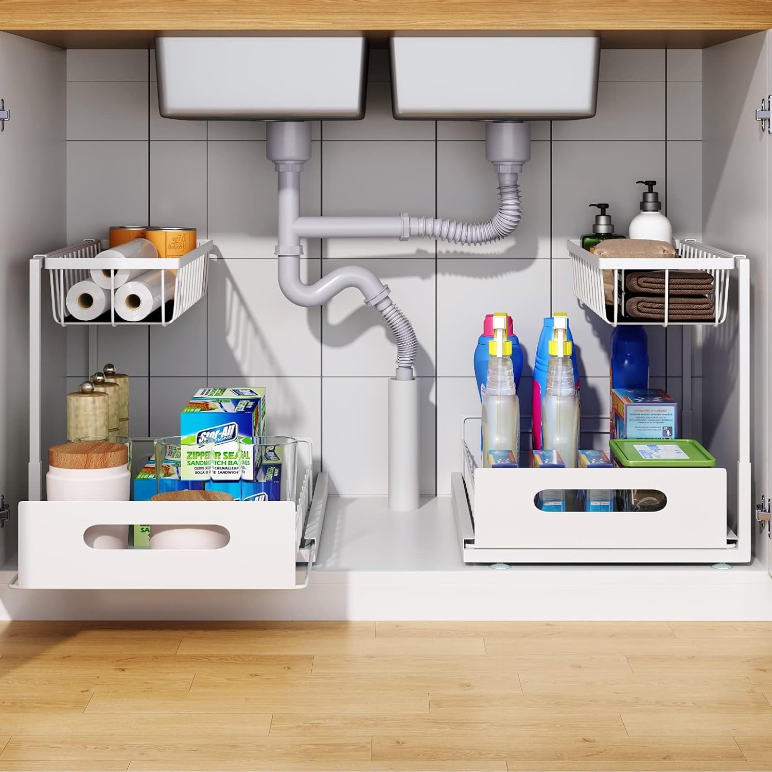 CARLA HOME 2 Tier Under Sink Organiser with Sliding Drawers for Kitchen & Bathroom
