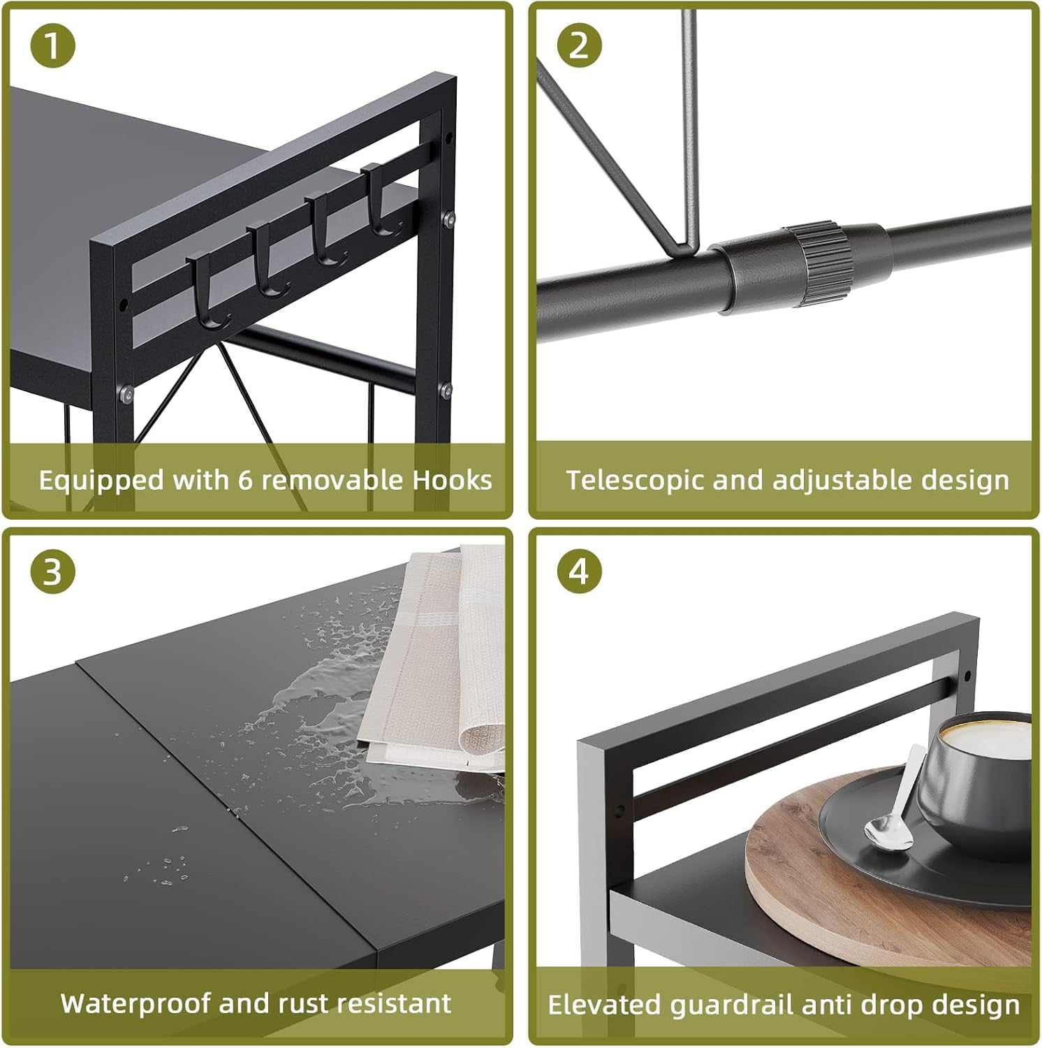 CARLA HOME 2-Tier Microwave Oven Rack with Adjustable Metal Kitchen Shelf Stand for Countertop Storage and 6 Hooks for Utensils (Black)