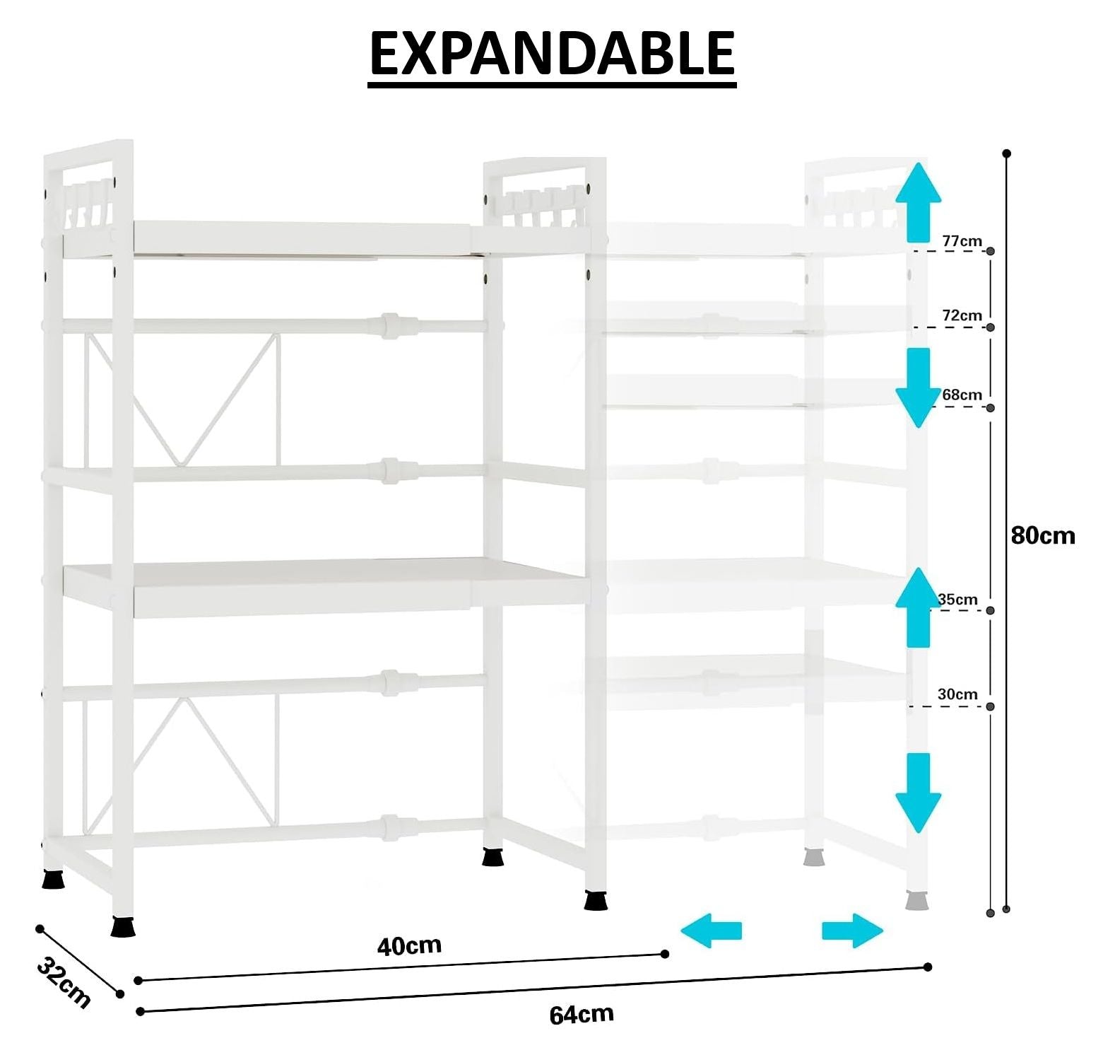 CARLA HOME 3-Tier Microwave Oven Rack with Adjustable Metal Kitchen Shelf Stand for Countertop Storage and 6 Hooks for Utensils