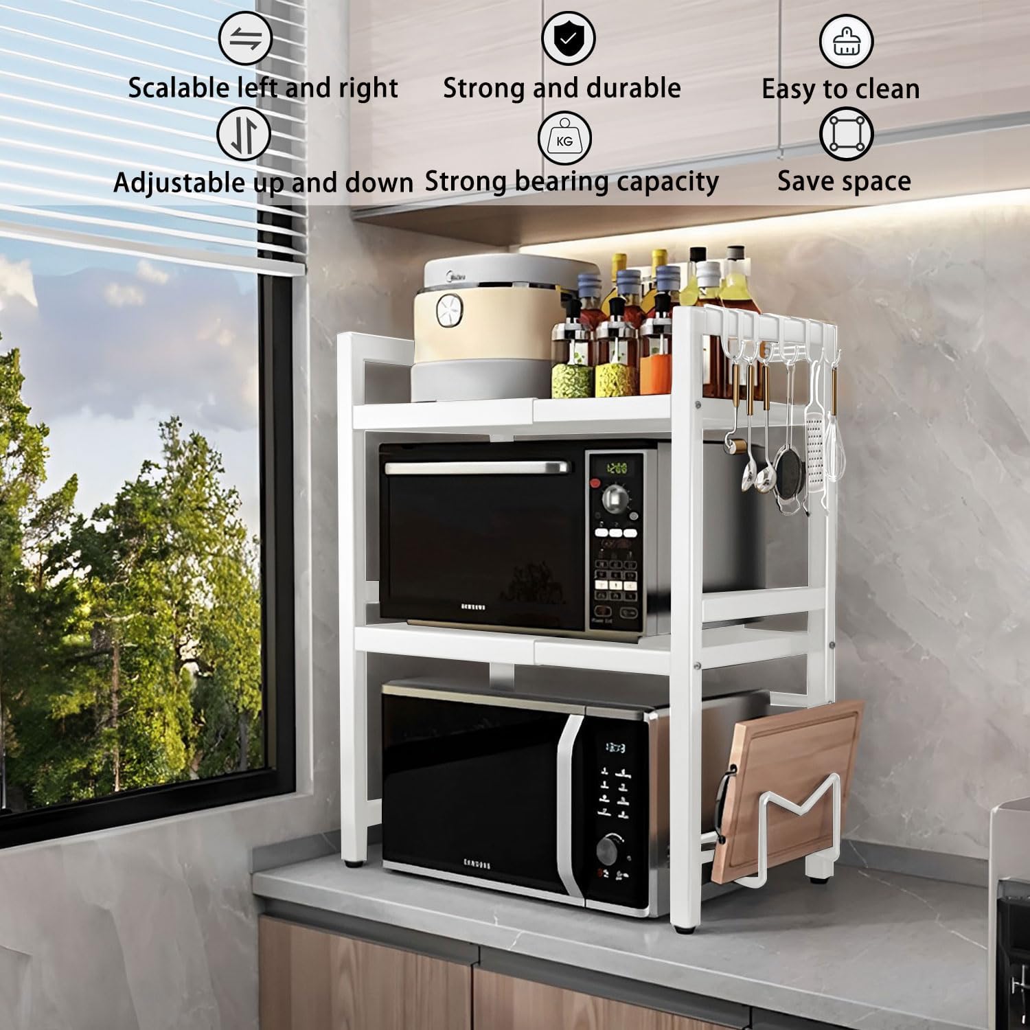 CARLA HOME 3-Tier Microwave Oven Rack with Adjustable Metal Kitchen Shelf Stand for Countertop Storage and 6 Hooks for Utensils