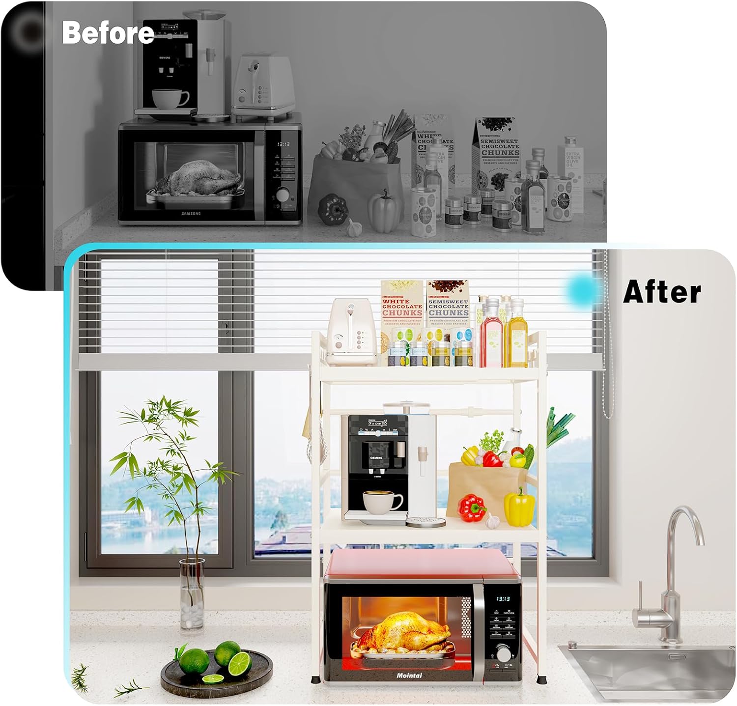 CARLA HOME 3-Tier Microwave Oven Rack with Adjustable Metal Kitchen Shelf Stand for Countertop Storage and 6 Hooks for Utensils