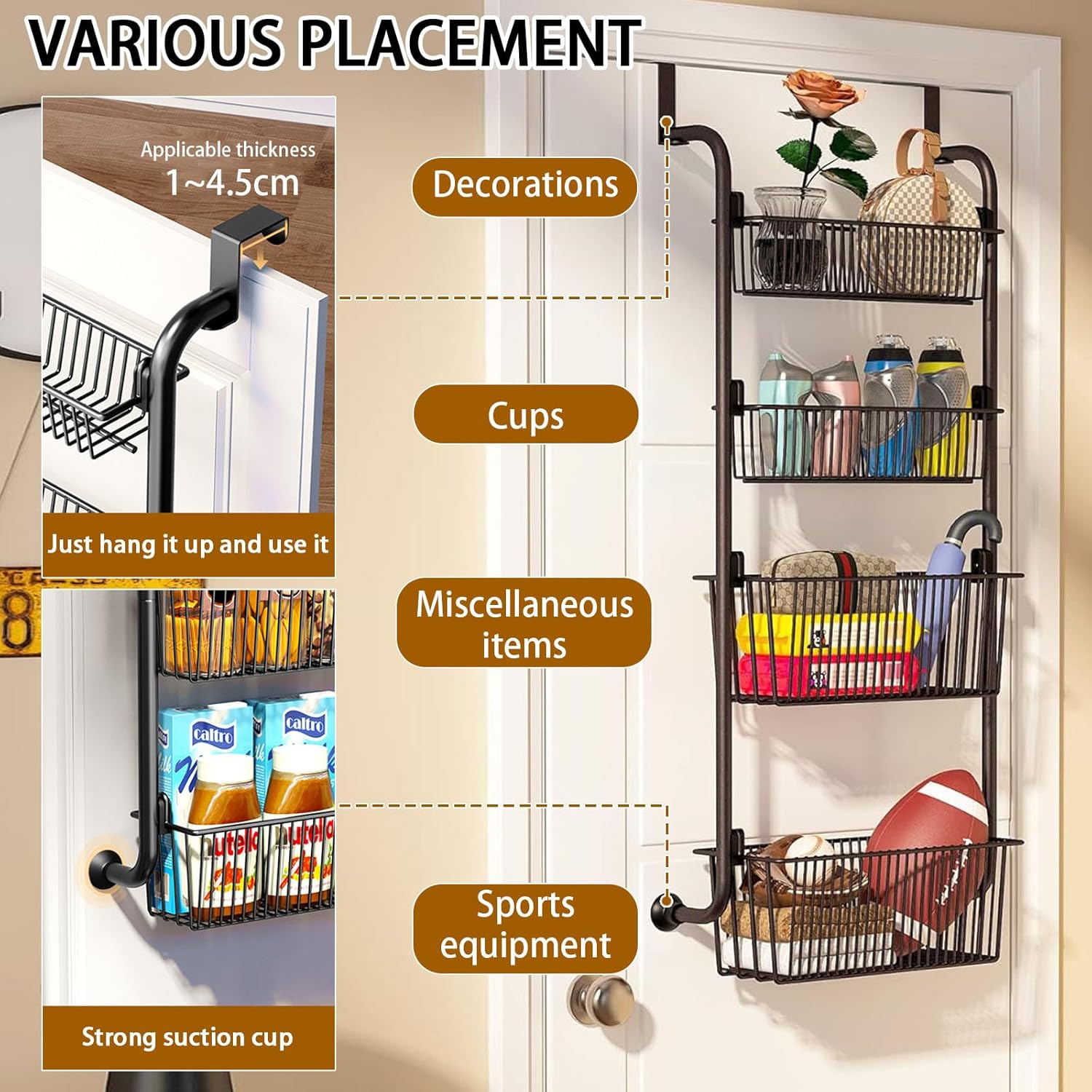 CARLA HOME 4-Tier Over the Door Organizer Heavy-Duty Metal Pantry Rack with Hanging Baskets for Home Kitchen Storage & Bathroom Door Organization
