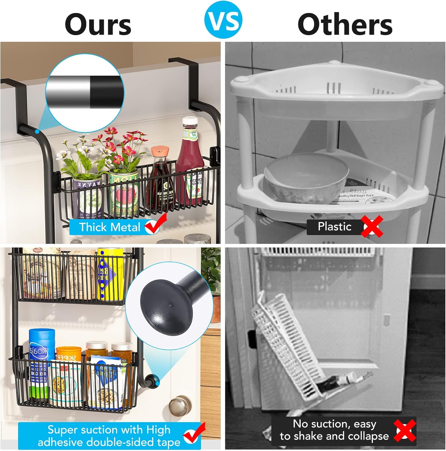 CARLA HOME 4-Tier Over the Door Organizer Heavy-Duty Metal Pantry Rack with Hanging Baskets for Home Kitchen Storage & Bathroom Door Organization