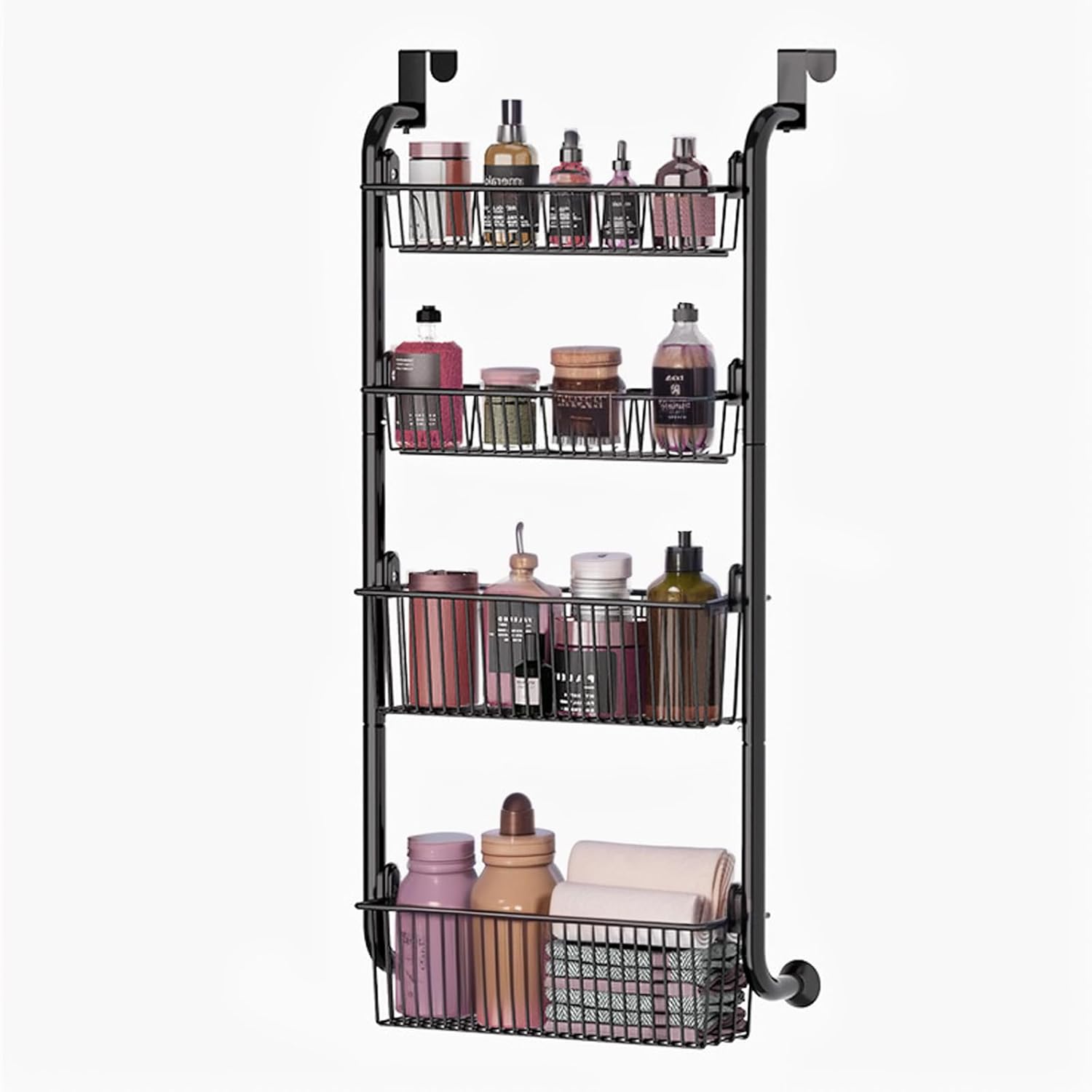 CARLA HOME 4-Tier Over the Door Organizer Heavy-Duty Metal Pantry Rack with Hanging Baskets for Home Kitchen Storage & Bathroom Door Organization