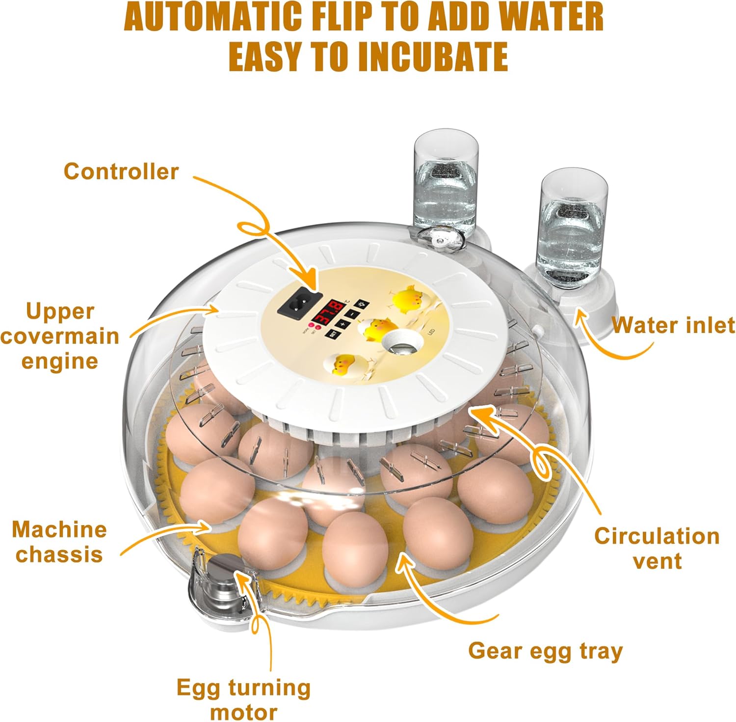 CARLA HOME 18 Egg Incubator with Automatic Turning, LED Display, Humidity & Temperature Control, Auto Water System & Built-in Egg Candler for Chicken, Duck, Quail, Goose