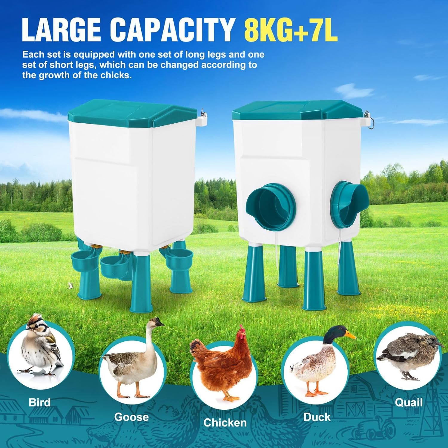 CARLA HOME Automatic Chicken Feeder Waterer Set with 8KG Food 7L Water Capacity for Coop, Chickens, Ducks, Quails (Blue)