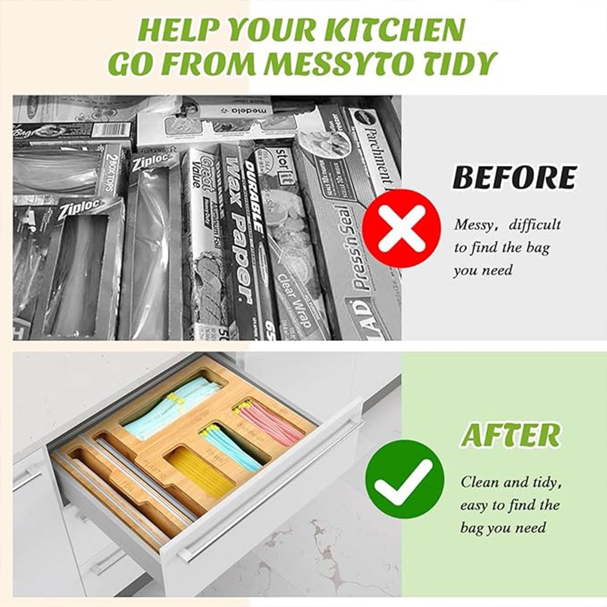 CARLA HOME 6-in-1 Bamboo Kitchen Drawer Organizer with Ziplock Bag Storage, Wrap Dispenser, Cutter for Gallon, Quart, Sandwich, Snack, Foil & Plastic Wrap