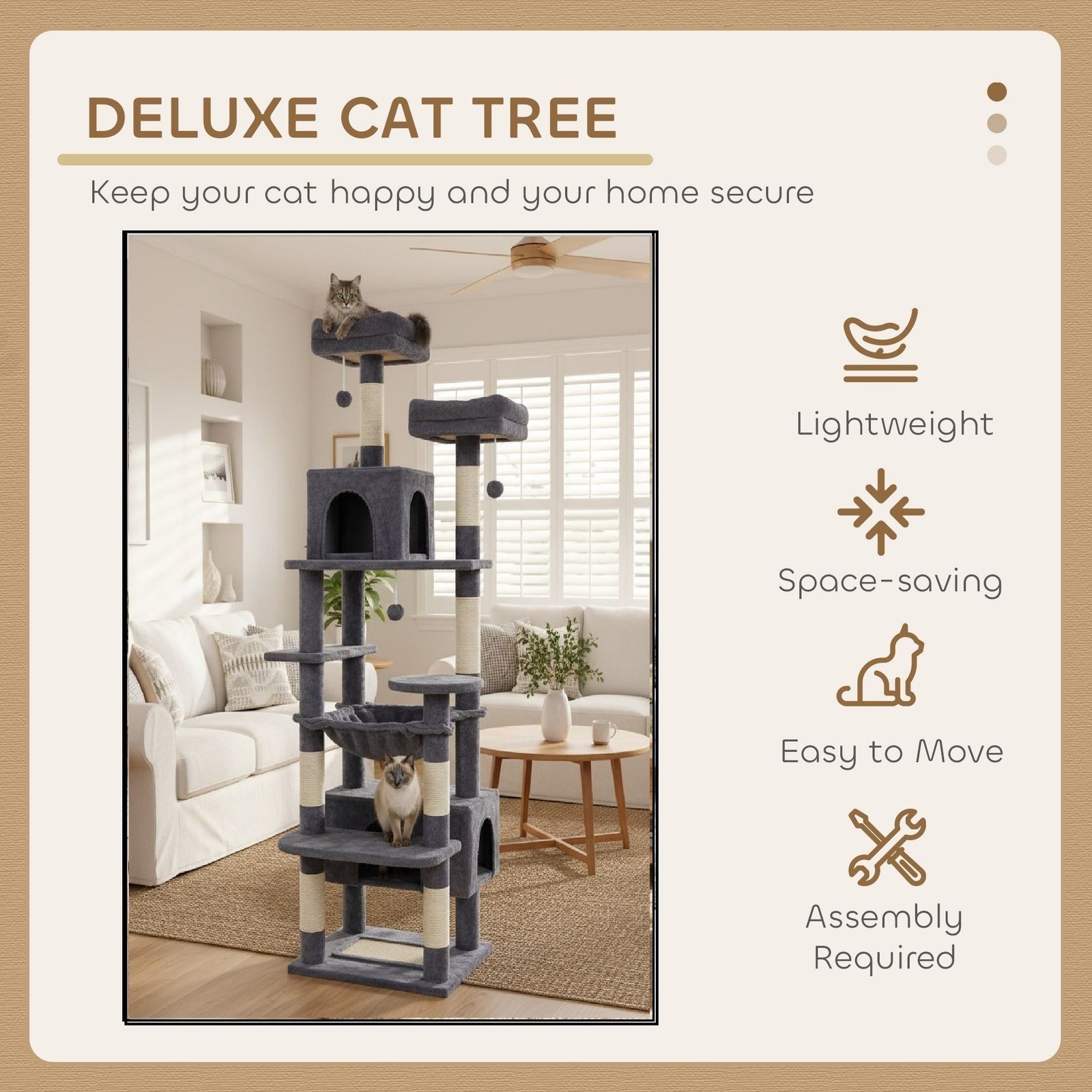 CARLA HOME 180cm Cat Tree Tower for Indoor Cats with Plush Perches, Dual Condos, Natural Sisal Scratching Posts & Ramps for Kittens & Adult Cats (Grey)