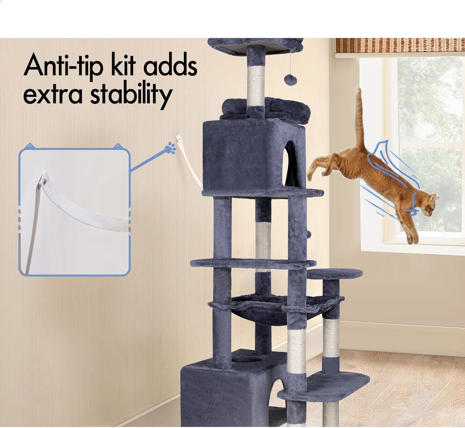 CARLA HOME 180cm Cat Tree Tower for Indoor Cats with Plush Perches, Dual Condos, Natural Sisal Scratching Posts & Ramps for Kittens & Adult Cats (Grey)