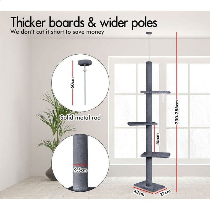 CARLA HOME Floor to Ceiling Cat Tree Tower with Adjustable Height 230-286cm for Indoor Cats (Grey)