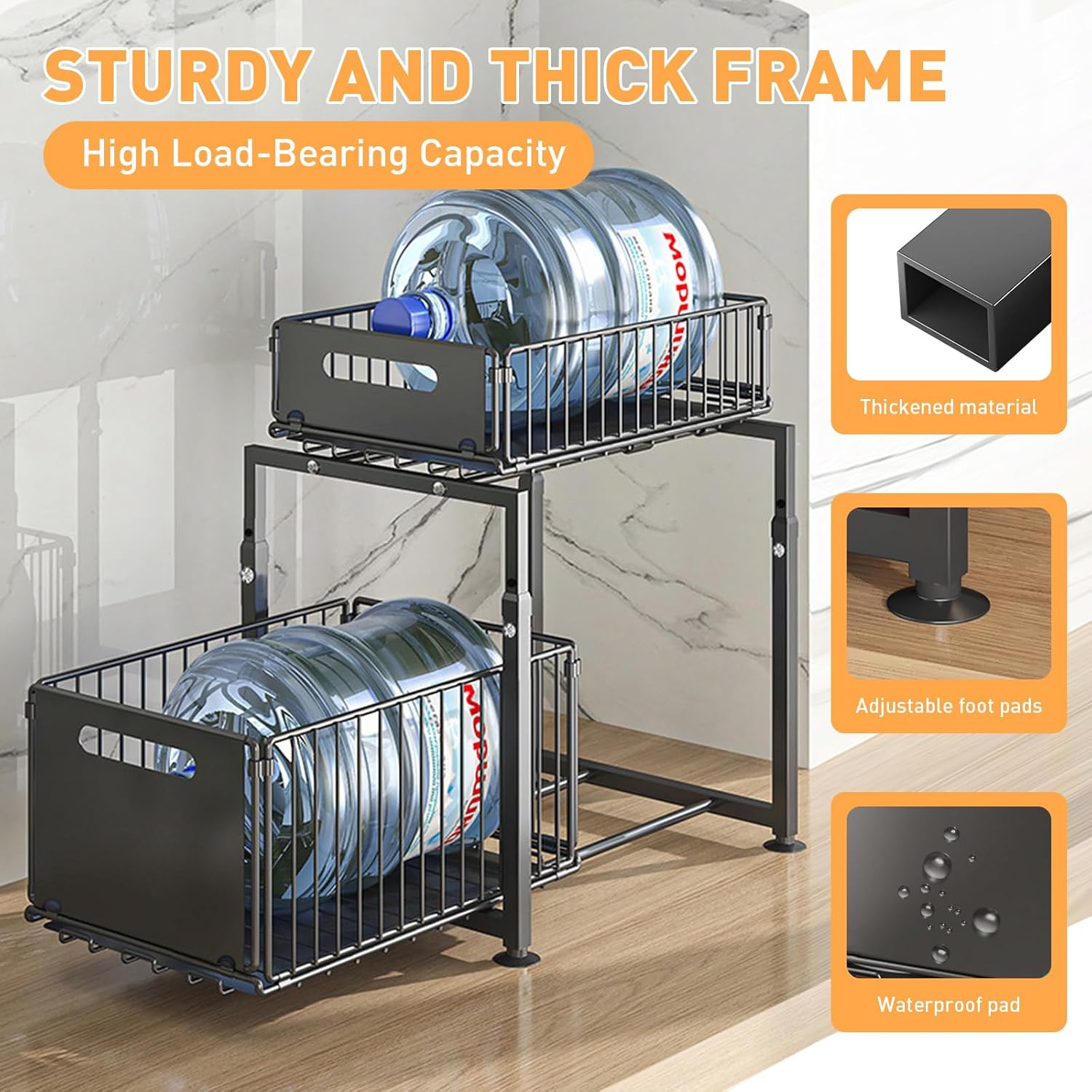 CARLA HOME 2- Pack Under Sink Organizer with Sliding Drawers & Height Adjustable for Kitchen Bathroom Cabinet Organization