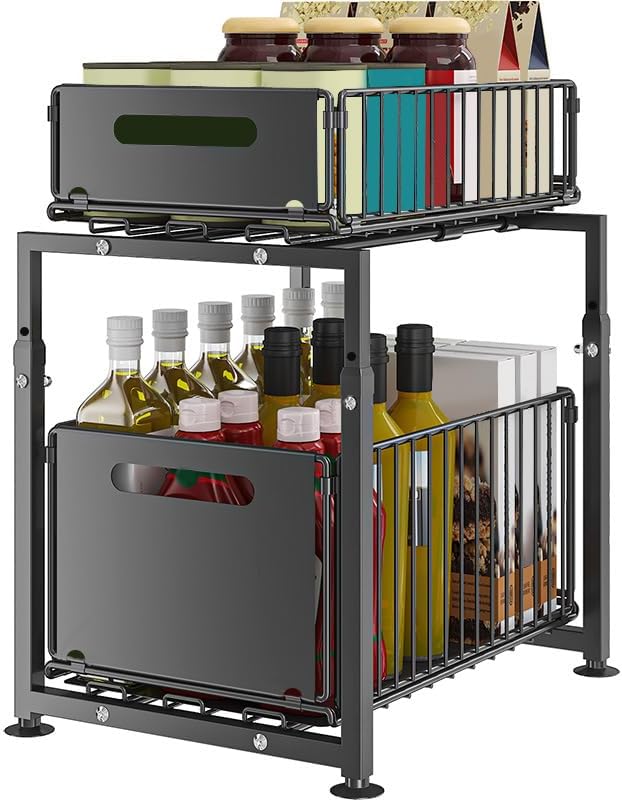 CARLA HOME 2- Pack Under Sink Organizer with Sliding Drawers & Height Adjustable for Kitchen Bathroom Cabinet Organization