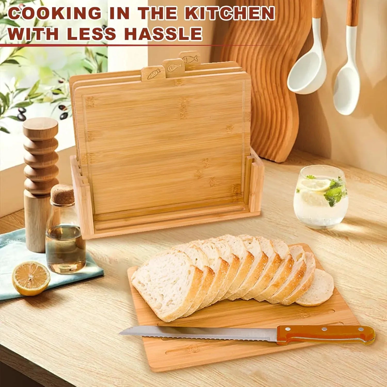 CARLA HOME Bamboo Cutting Board Set with Stand, 4 Pieces for Kitchen