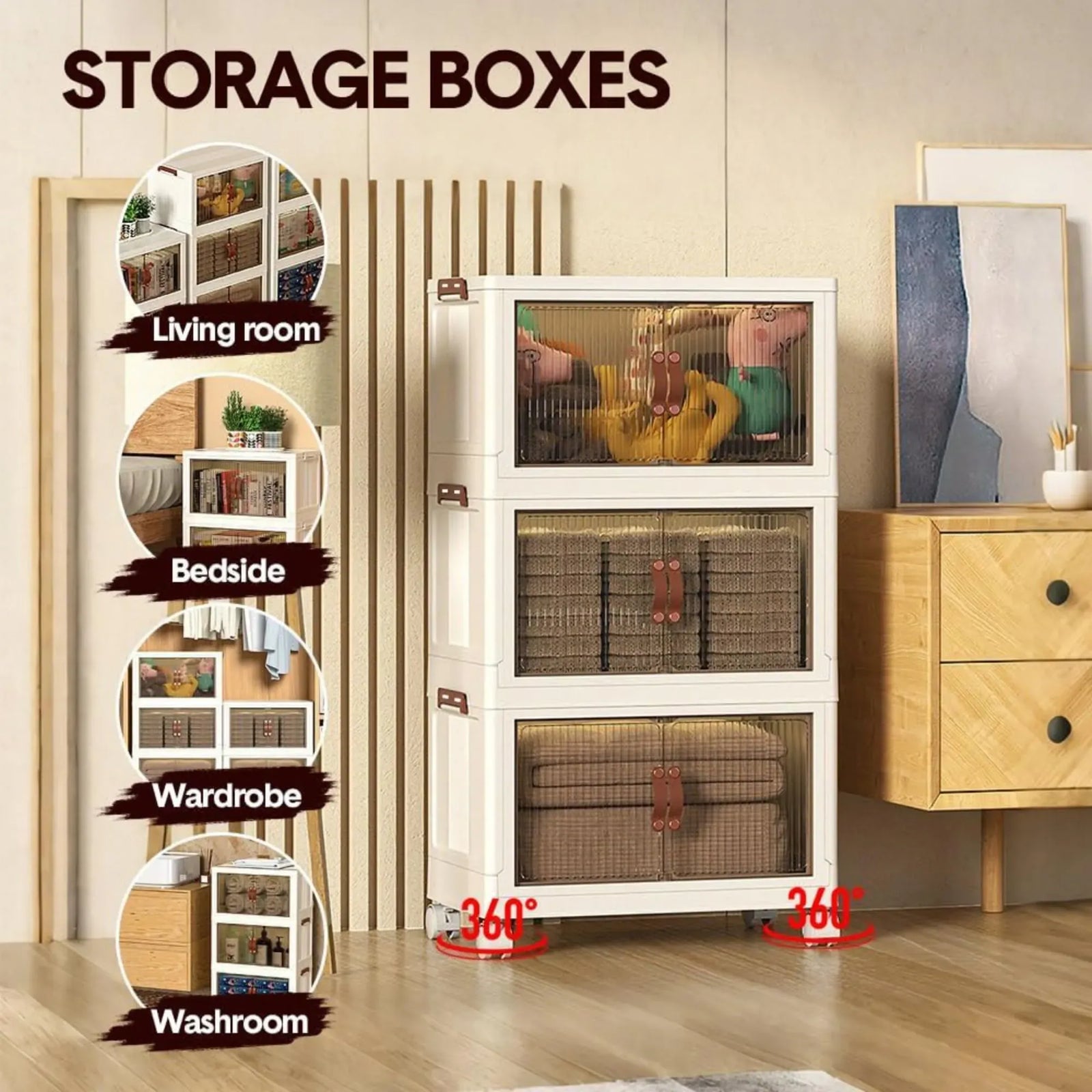 CARLA HOME 3 Tier Stackable Storage Cabinet with Wheels White - Storage Box - Plastic