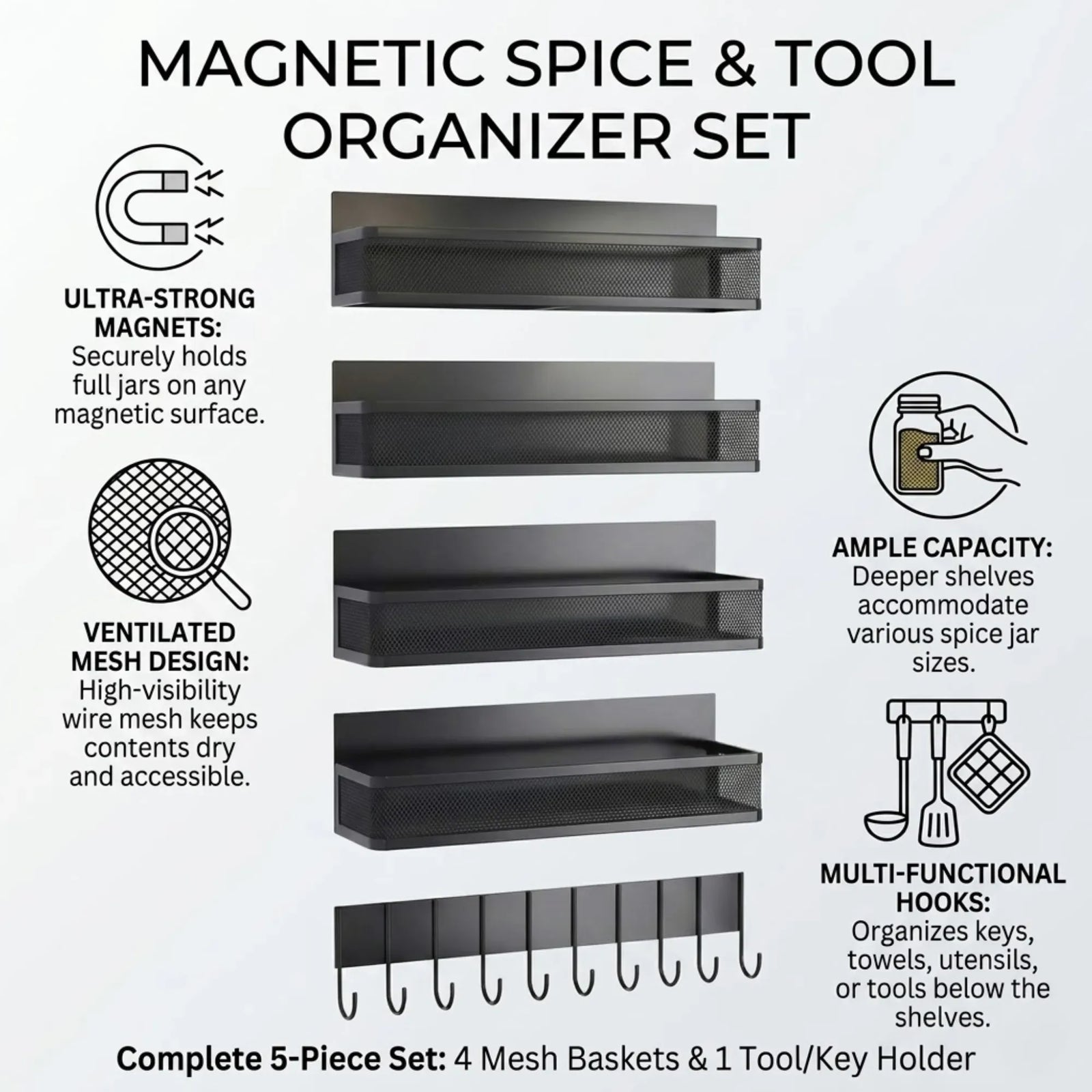 CARLA HOME 5 Pack Magnetic Spice Rack for Fridge Kitchen with Hook Bar