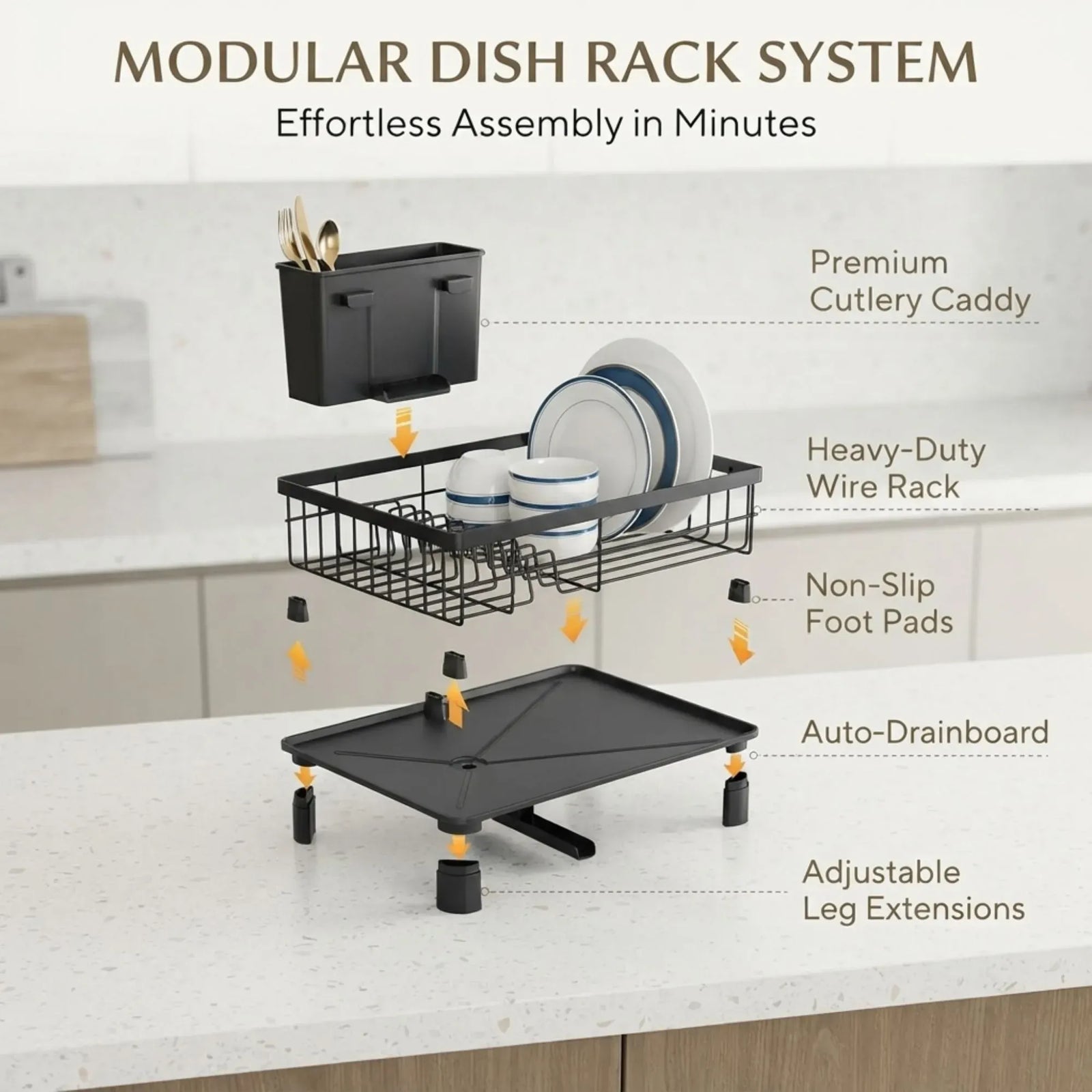 CARLA HOME Dish Drying Rack with Drainboard & Utensil Holder for Kitchen (Black)