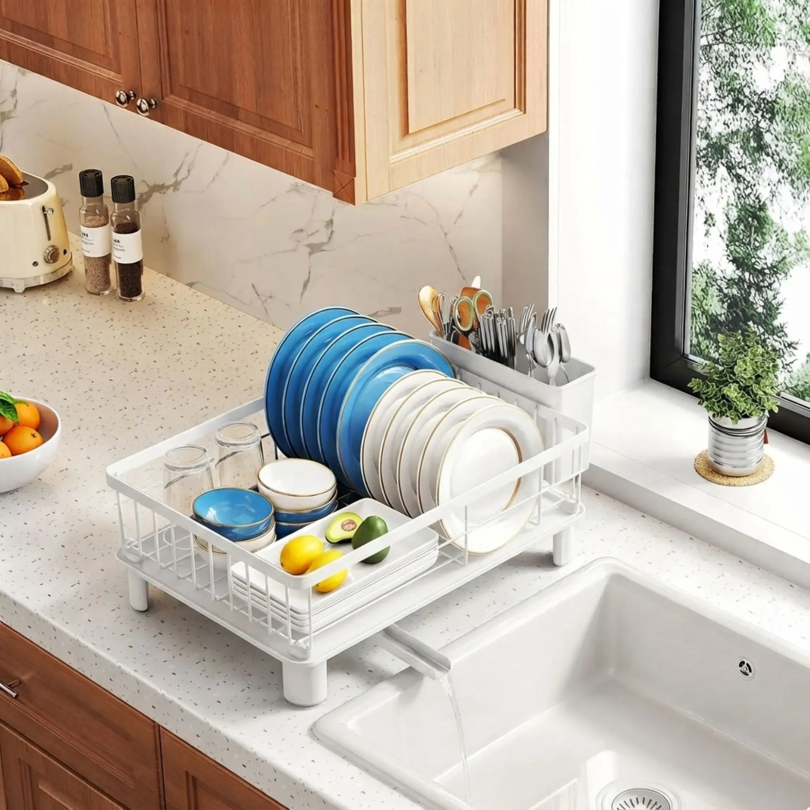CARLA HOME Dish Drying Rack with Drainboard & Utensil Holder for Kitchen (White)