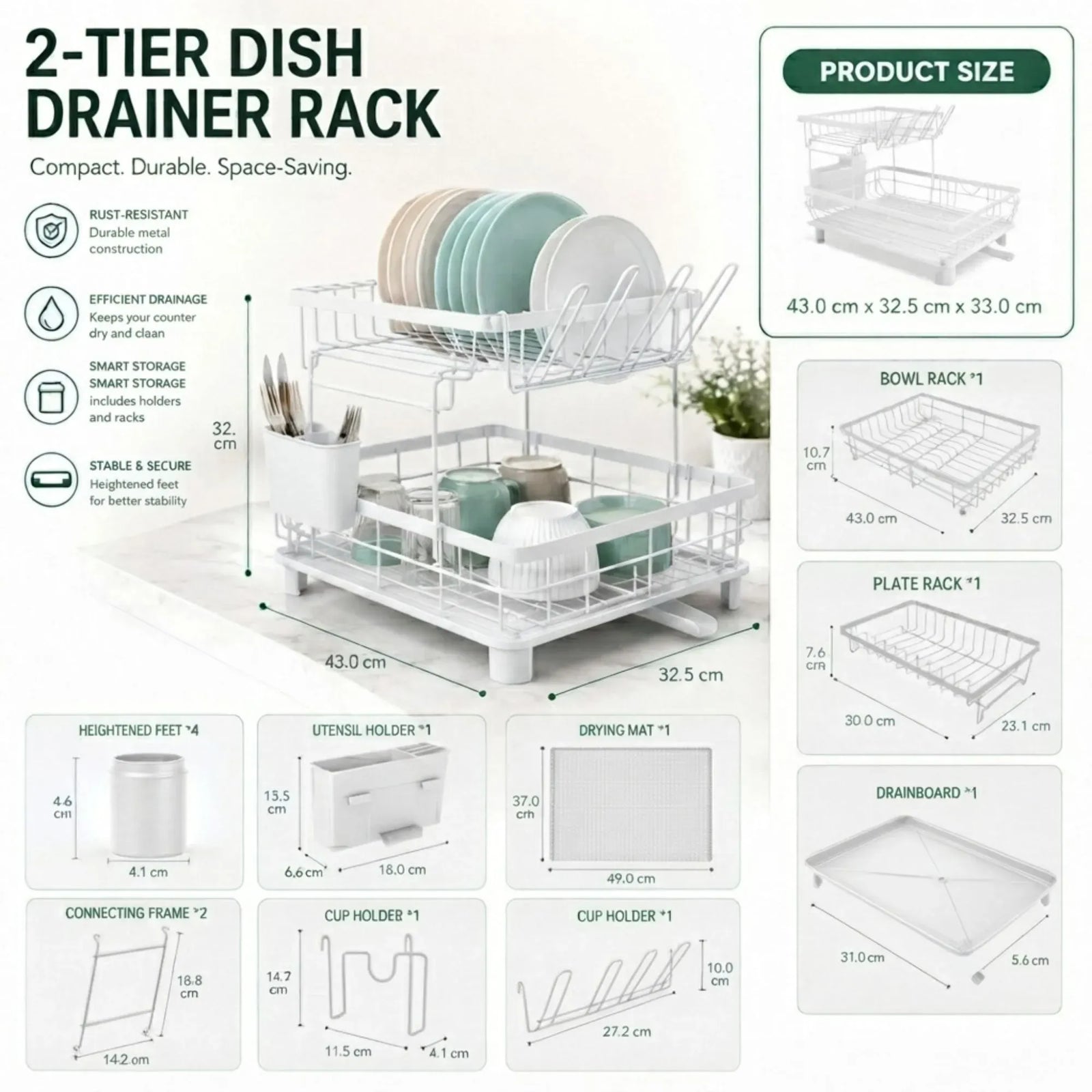 CARLA HOME 2 tier Dish Drying Rack with Drainboard & Utensil Holder for Kitchen (White)