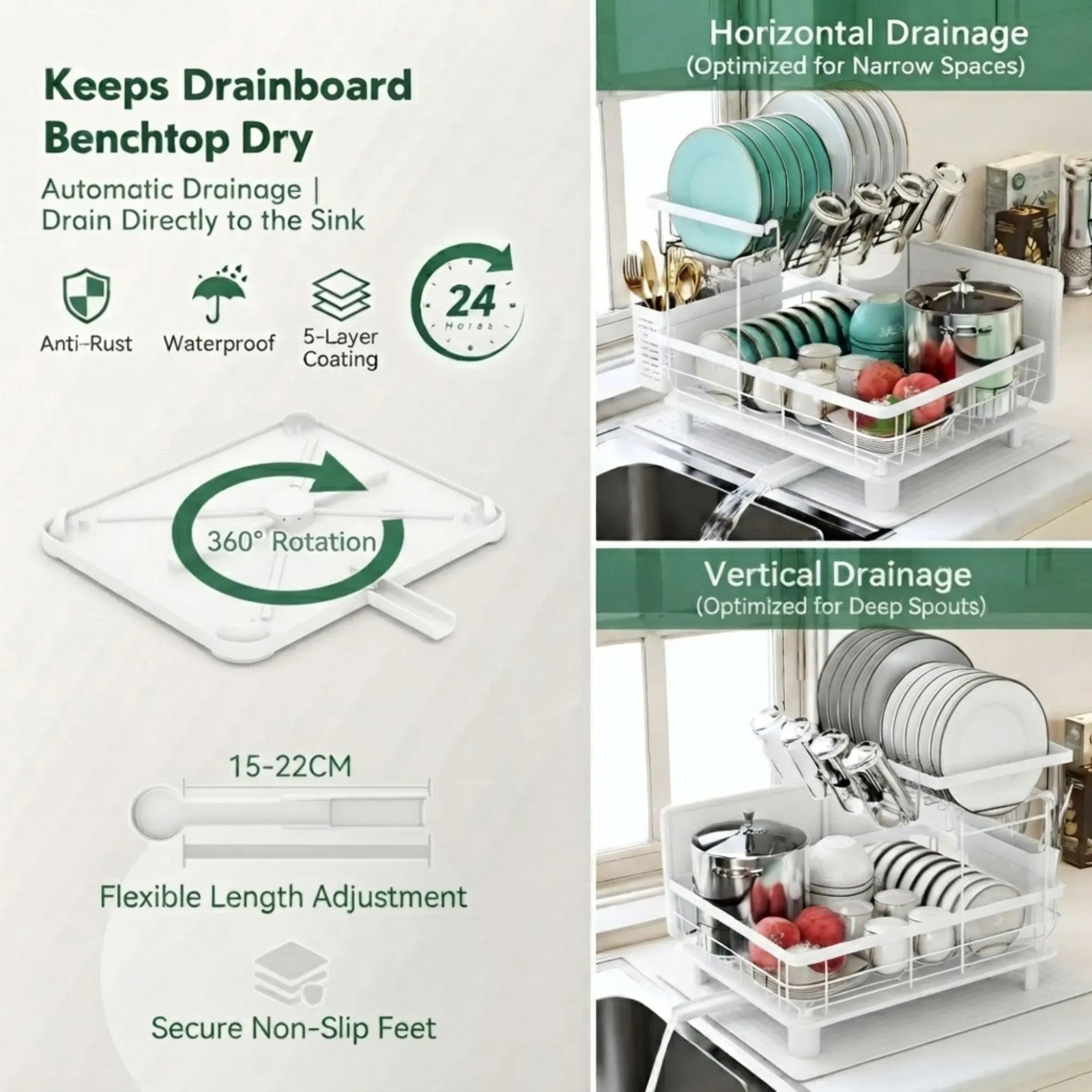 CARLA HOME 2 tier Dish Drying Rack with Drainboard & Utensil Holder for Kitchen (White)