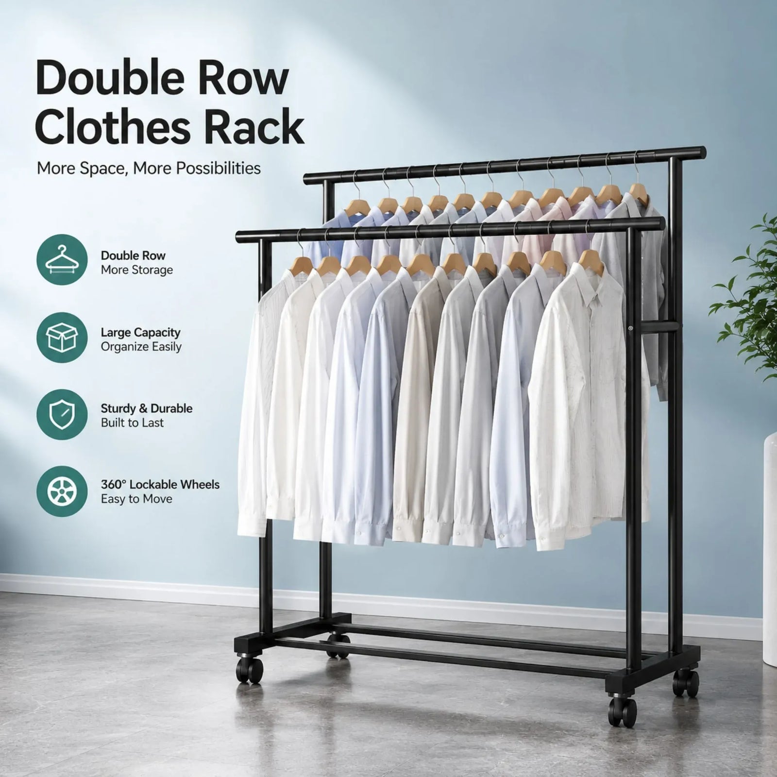 CARLA HOME Double Rod Clothes Rack with Wheels, Metal, Portable Wardrobe Rack