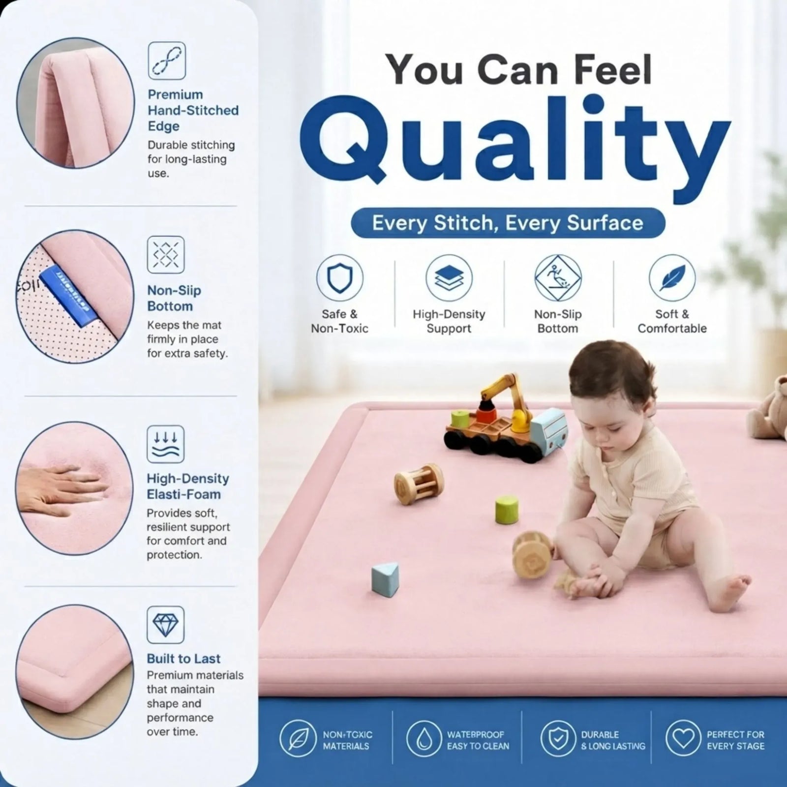 CARLA HOME Baby Play Mat 200x300cm, Thick Foam Crawling Mat, Infants, Pink