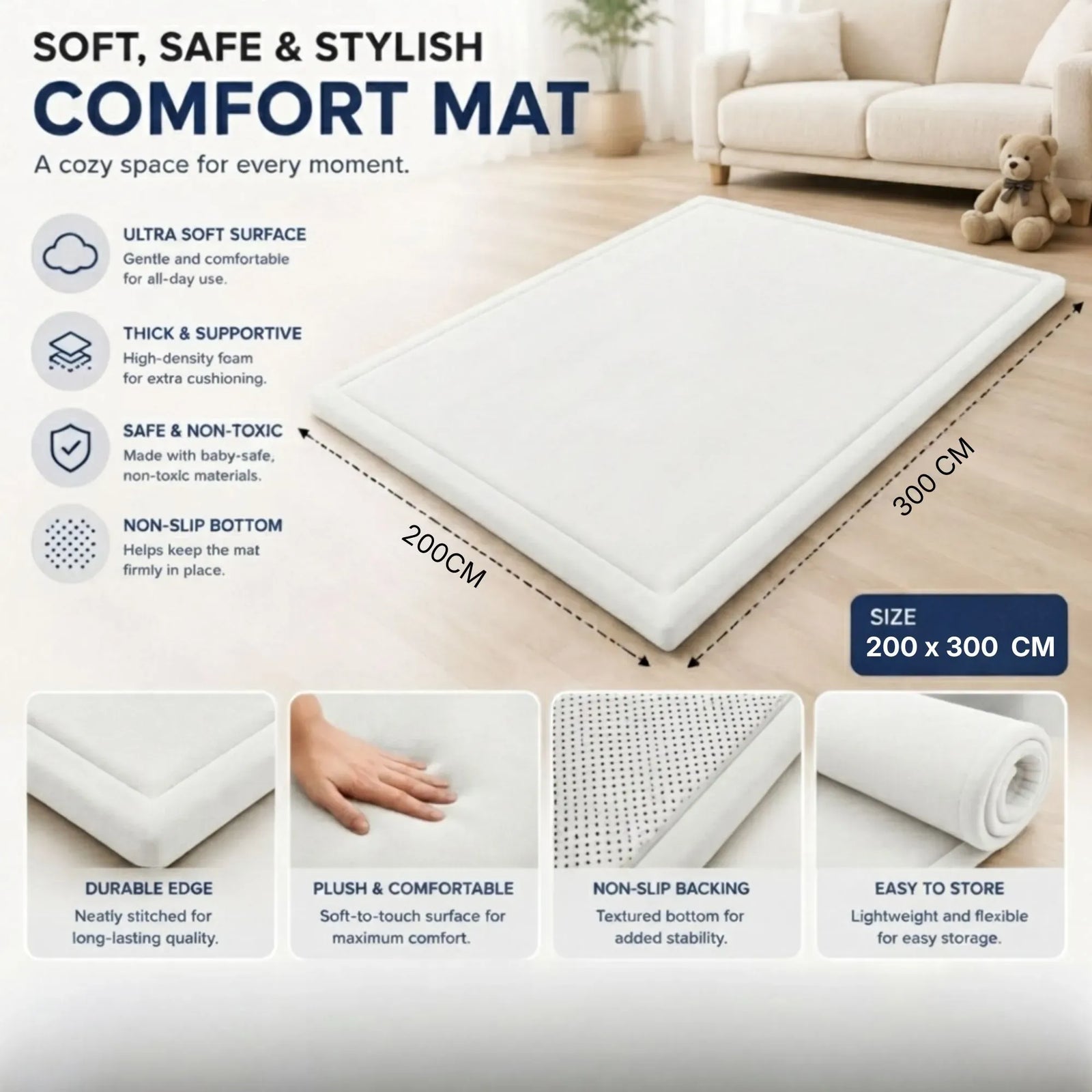 CARLA HOME Baby Play Mat 200x300cm, Thick Foam Crawling Mat, Infants, White