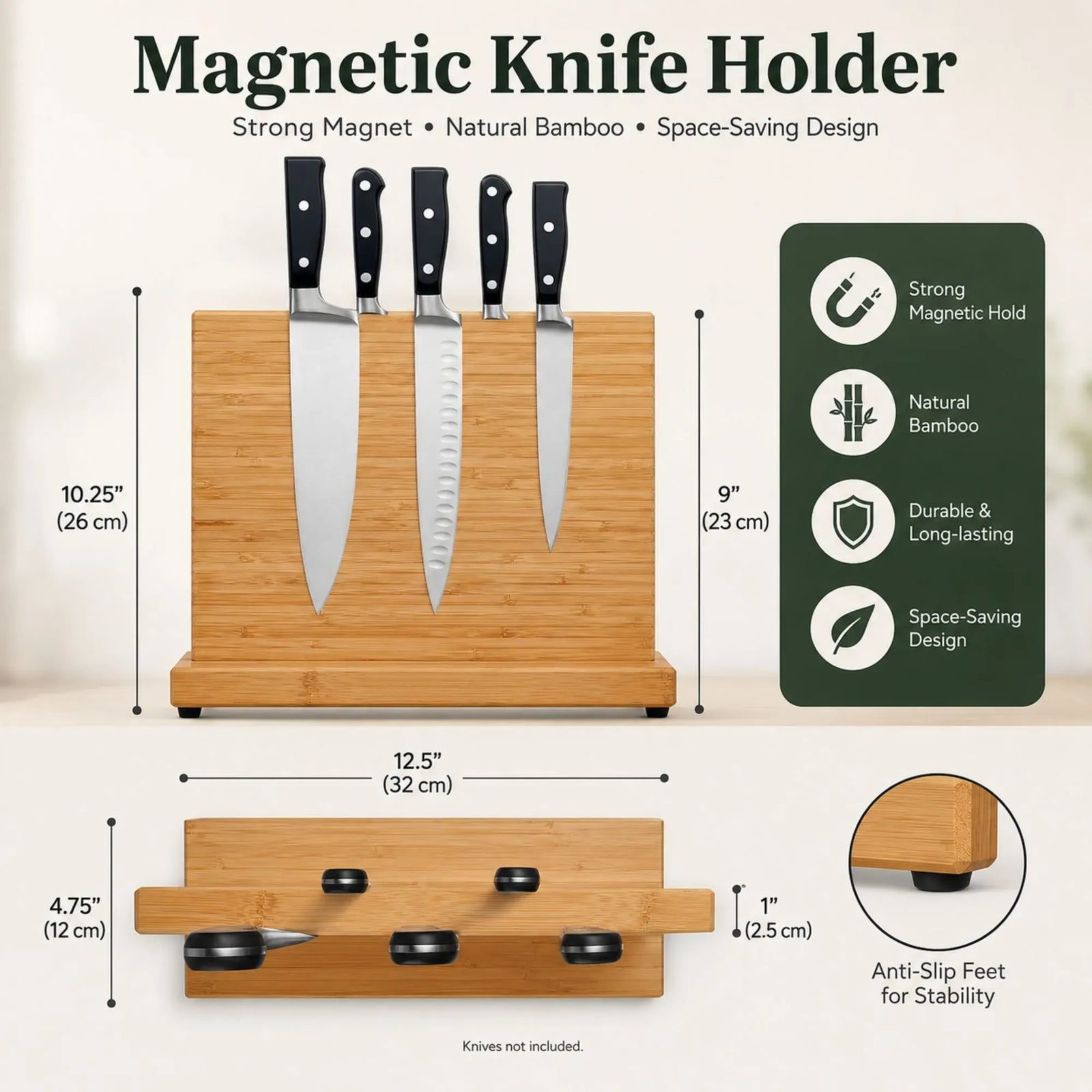 CARLA HOME Magnetic Knife Block, Bamboo Double Sided Holder up to 30cm Knives Kitchen