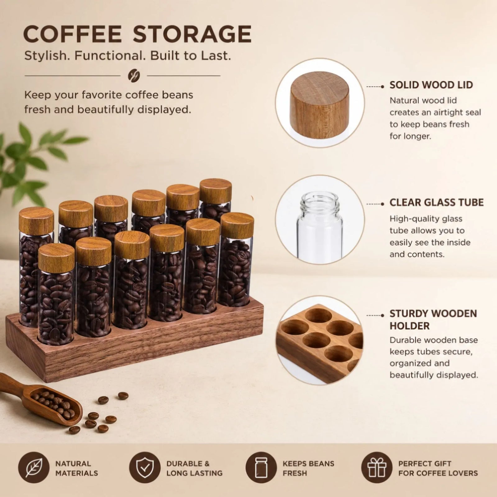 CARLA HOME Glass Coffee Bean Storage Tubes, 12 Pack Wooden Stand (60ml 20g)