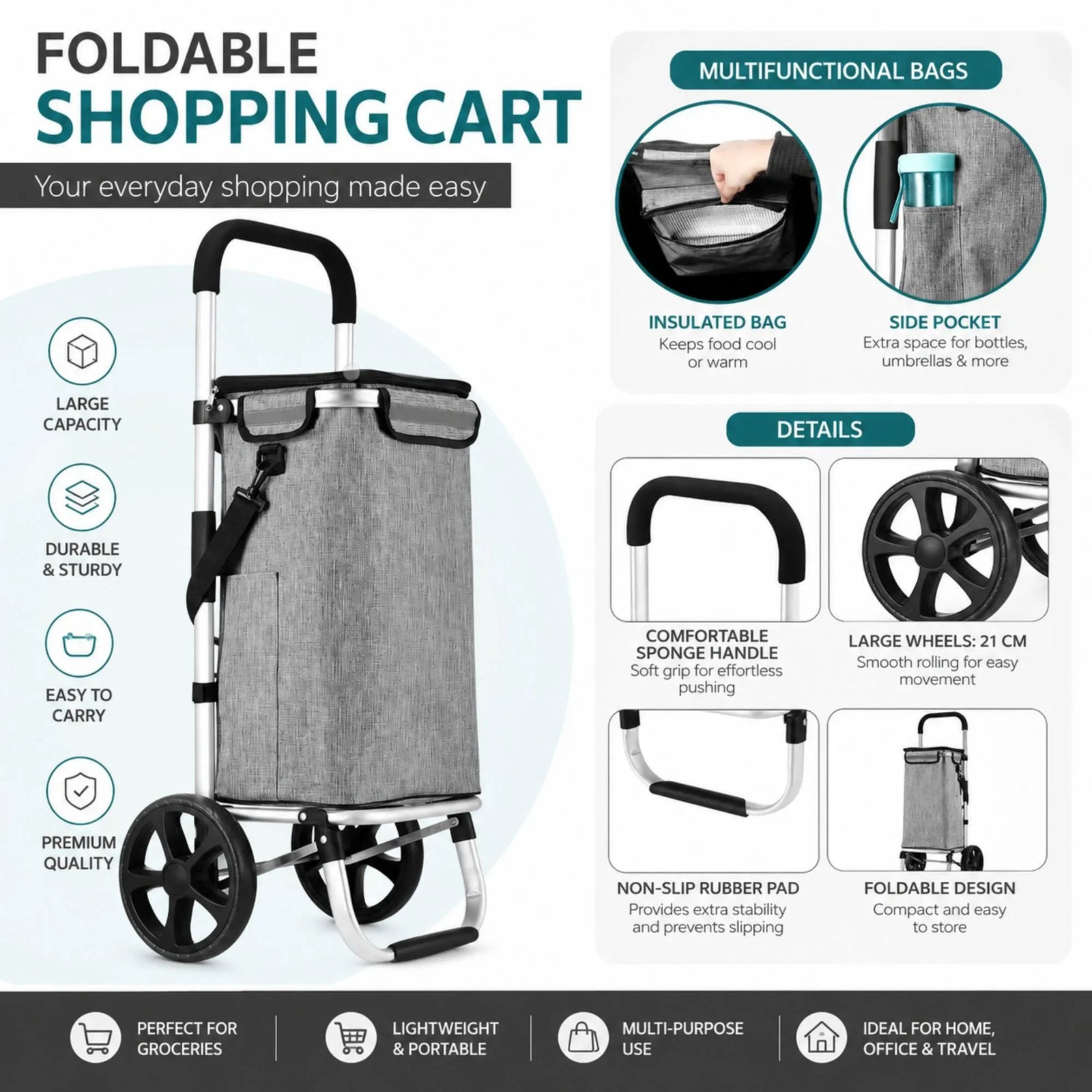 CARLA HOME Foldable Shopping Trolley, Aluminium Cart, 45L, Waterproof, Grey