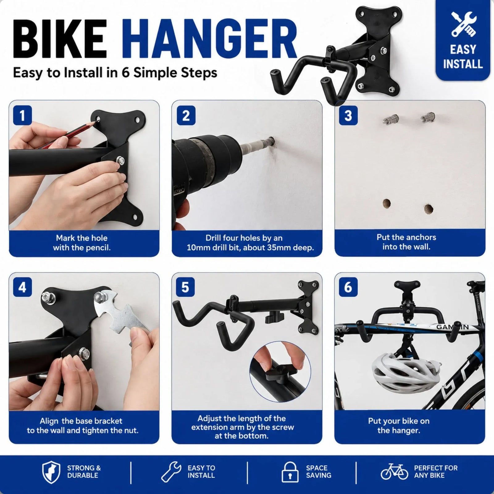CARLA HOME 2-Pack Bike Wall Mount Rack - Adjustable Hook - Black - Adjustable Fixed Bike